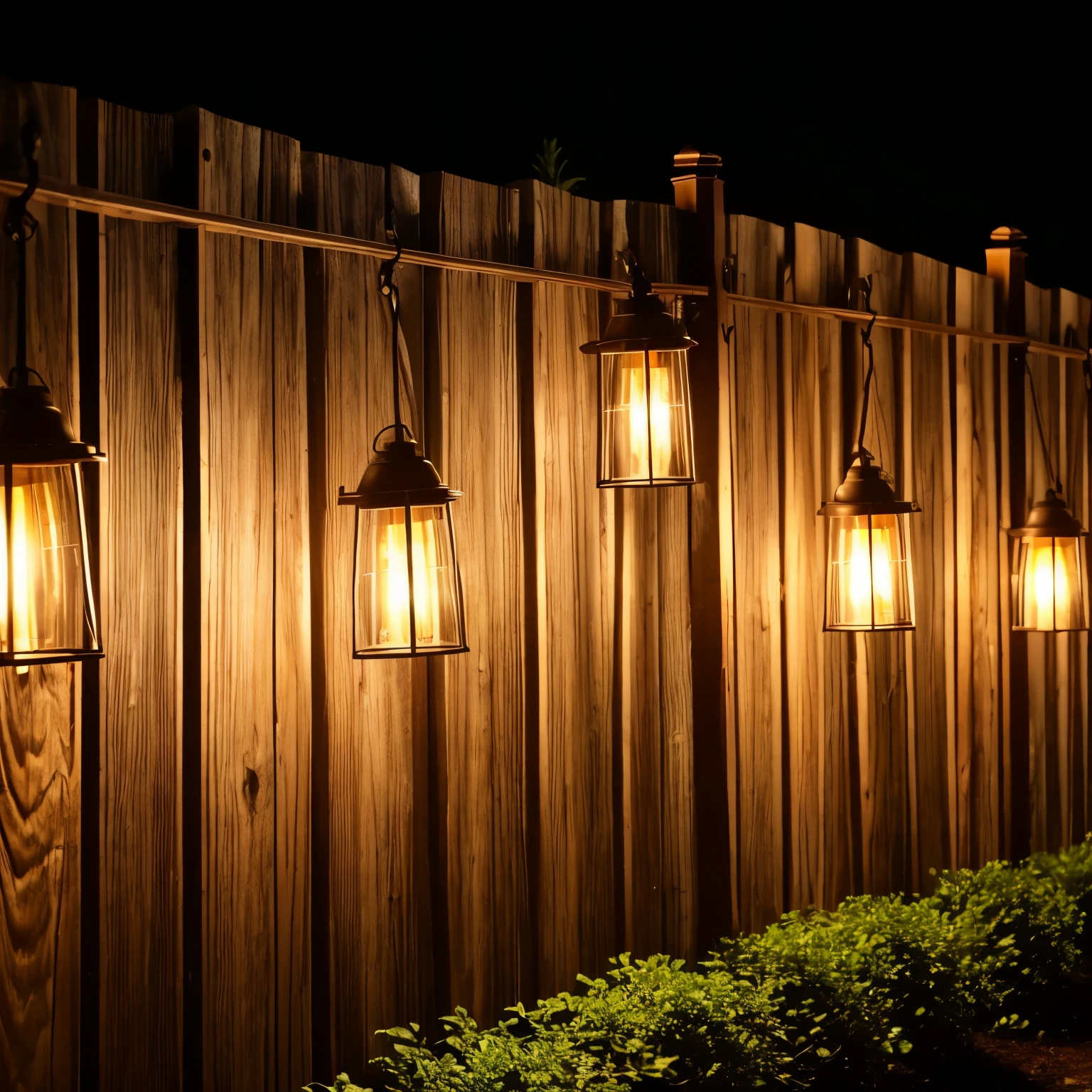 that are hanging from a wooden fence, soft filtered outdoor lighting, outdoor lighting, Cafe lighting, , warm , outdoor lighting, warm glow from the, cozy, outdoor lighting, warm white, summer lighting, soft outdoor light, Artificial cold light lighting, Cool light,fence,fence,close up,Shooting at night,real scene
