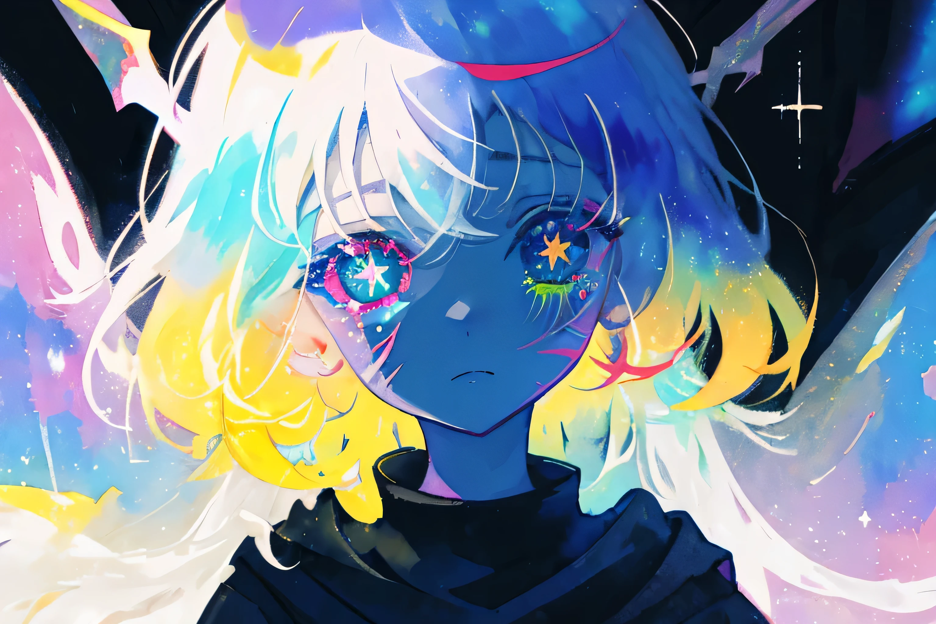 close-up, watercolor, vibrant, pastel, bright glowing pupils, big eyes, eyes, ((starry pupils)), marks on face, face tattoos, tears, scars, contrast, high contrast, dark streaks,