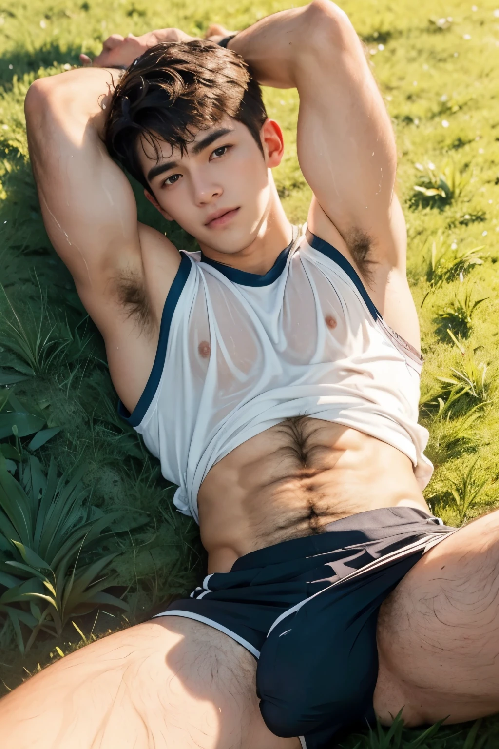 TOP POV, lying down on the field, sleeping, Sport sleeveless shirt, Very sunny day, very wet body, Hairy stomatch, very hairy abs, Very bushy hairy armpits, hairy pubic, hairy crotch, white sleeveless shirt, Super Realistic photography, PROUDLY SHOWING OFF HIS BODY, Cute teen student Wearing wet tanktop, NO PANTS, DETAILED, sexy student, wearing soaked tanktop, ABS EXPOSED, Very wet body, very wet, outdoor field, pantless just wearing soaked white thong, Showing off his very hairy armpits, Slim fit body, teenager, very cute boy face, 17 years old boy, Very young teenager boy, sleeping in the middle of hot green field, dickprint, Sweat dripping all over the body, Proudly showing off his sweaty very hairy armpits to audience, The colors are bright and vibrant, enhancing the overall aesthetic. The lighting is soft and natural, casting a soft glow on the boy, don't merge body's, detailed eyes and lips, sixpack and fit body. Image quality is of the highest standard, with ultra-detailed features and a realistic appearance.