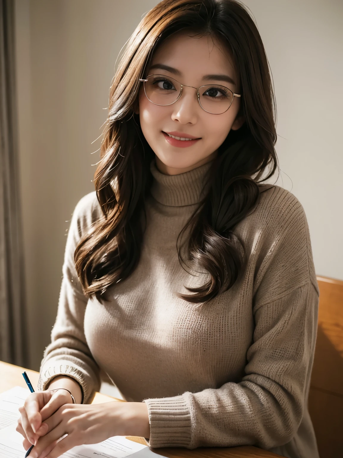 ((masterpiece))、((highest quality))、photograph、reality、High level image quality、Super detailed、Japanese、Unmarried women、30 years old、medium long hair、Natural Wave、glasses、Realistic background and accessories、no makeup、sparkling eyes、((big and soft breasts))、(chest bulge:1.2)、sexy smile、carefree smile、((bright lighting))、desk、home employment、light and darkness、Shadow、bright look、busy、(turtleneck sweater)、valley、