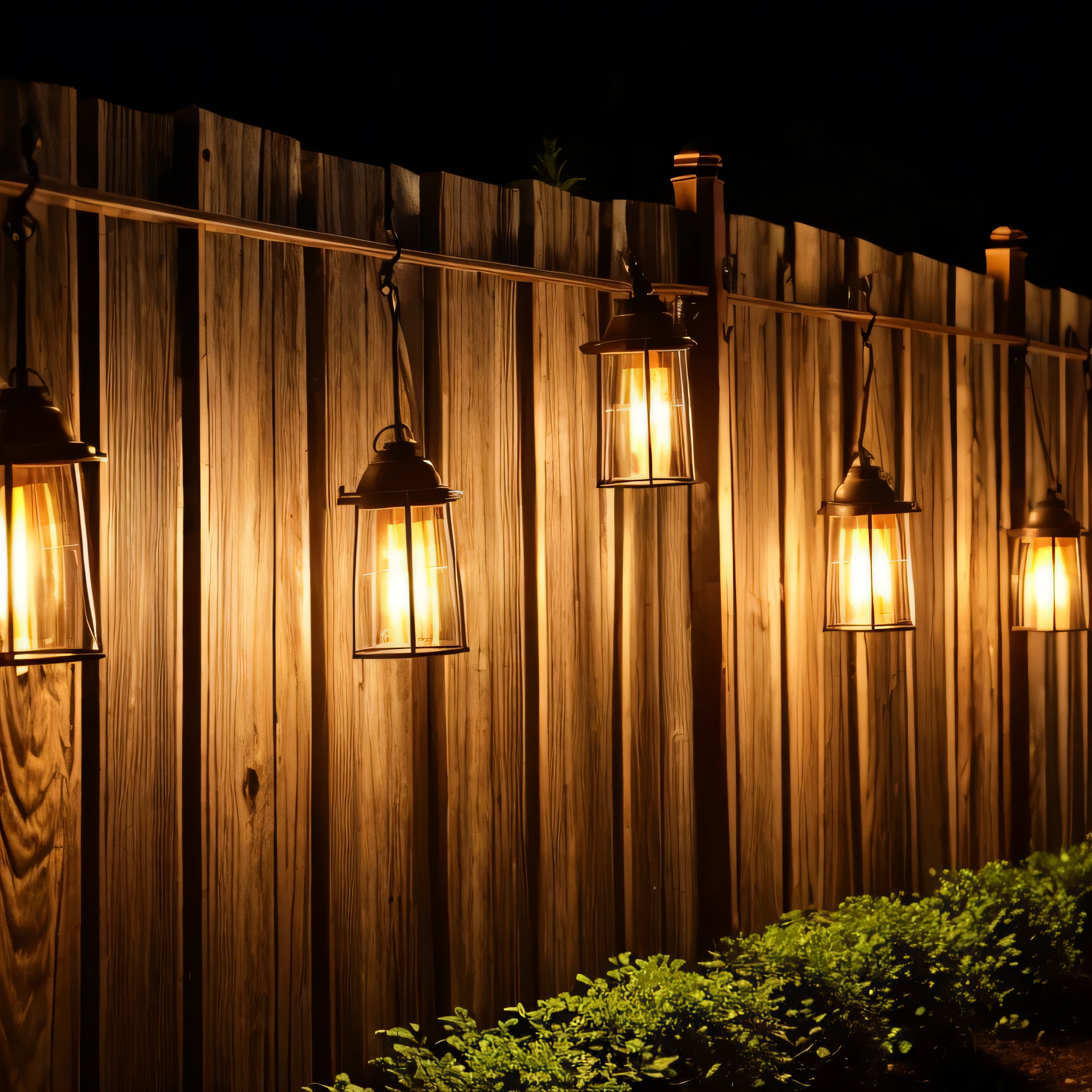  that are hanging from a wooden fence, soft filtered outdoor lighting, outdoor lighting, Cafe lighting,  , warm , outdoor lighting, warm glow from the, Comfortable, outdoor lighting, warm white, summer lighting, soft outdoor light, 人工cold light照明, cold light，fence，fence，close up，Night shooting，real scene