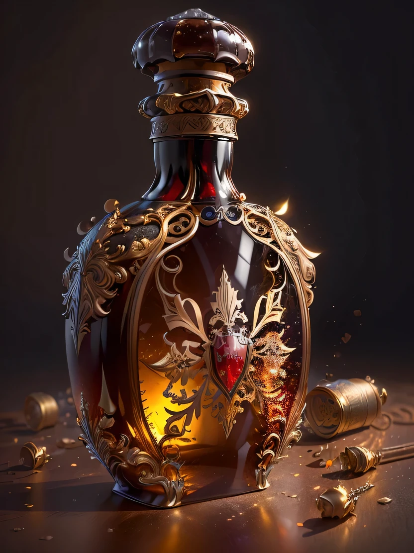 ((masterpiece、highest quality、Super detailed、High resolution、realistic、sharp focus))、((there are no humans))、high contrast、high color saturation、Note the large brandy bottle、ticker、cognac、Rémy Martin、brandy glass with brandy、brick wall background、blurred background