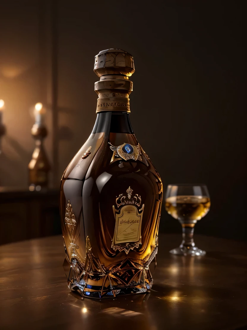 ((masterpiece、highest quality、Super detailed、High resolution、realistic、sharp focus))、((there are no humans))、high contrast、high color saturation、Note the large brandy bottle、ticker、cognac、Rémy Martin、((brandy glass with brandy))、brick wall background、blurred background