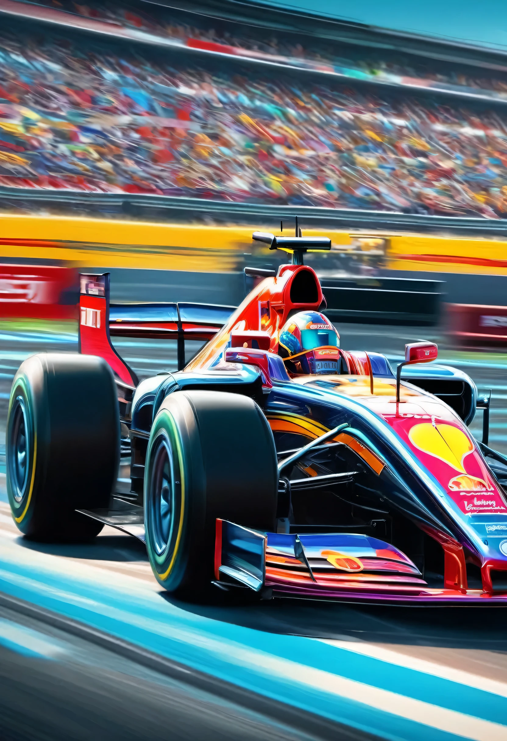 Capture thrilling moments as a sophisticated F1 racing car races through a vibrant circuit field. Each line and curve of the car&#39;s aerodynamic body is、フォトリアルなディテールで細心の注意を払ってrenderingされています。. The circuit field casts lively and long with rich contrasting colors., dynamic shadows on the track. If you pay attention to the shiny metallic car body,, Metallic light reflects coldly, Creates an exhilarating sense of speed. The realistic masterpiece of the wind blowing through the circuit field is a top-notch masterpiece that is a must-see for race fans.,rich colors,rendering,colorfulな呪文を唱える,beautiful halation effect,multiple racing cars,structurally correct,colorful,nice,Highest,masterpiece,Highest品質