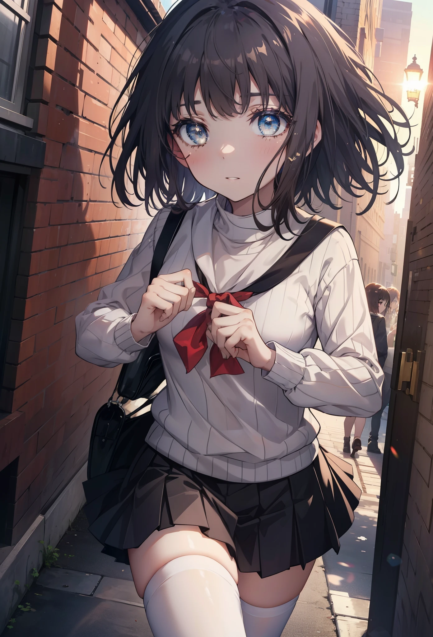 highest quality, masterpiece, High resolution, alone, {Itsuwa_toarumajutsunoindex:1.15}, brown eyes, brown hair, short hair, 1 girl, black hair,  black sailor suit,black pleated skirt,white stockings,brown loafers,walking,evening,sunset,In town,building street,(masterpiece:1.2), highest quality, High resolution, unity 8k wallpaper, (shape:0.8), (beautiful and detailed eyes:1.6), highly detailed face, perfect lighting, Very detailed CG, (perfect hands, perfect anatomy),