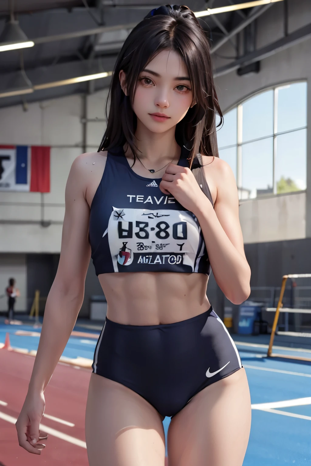 Track and field athlete, girl with big breasts, beautiful legs and trained abs, detailed eyes, long eyelashes, realistic skin details, beautiful face for everyone to see during track and field, detailed clothes, highest resolution, highest quality, see here Coming