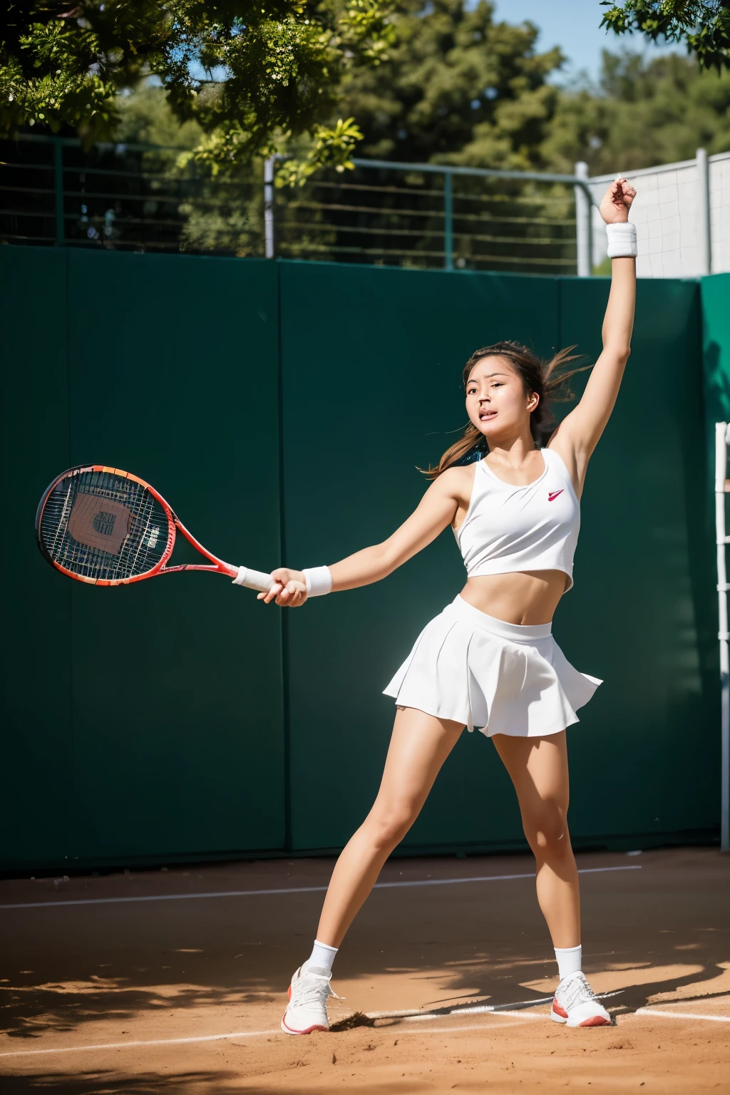 A photograph of a mid-20s Asian tennis player, full of vibrancy and dynamism, standing triumphantly on a clay court. The earthy texture of the court beneath her feet contrasts beautifully with her pristine white tennis attire. Sweat glistens on her forehead, and determination shines in her bright, focused eyes as the early morning sunlight casts long, dramatic shadows around her. This spectacular moment was captured using a high-resolution digital camera, with natural sunlight as the only light source. Sports photography techniques were employed to freeze the action, enhancing the depth of field effect to showcase the player in sharp relief against the lush, green surroundings. Vibrant color enhancement brought out the