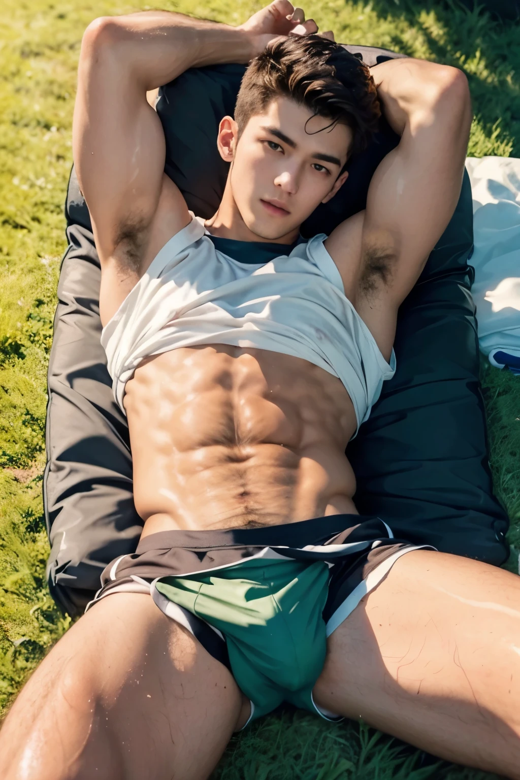 TOP POV, lying down on the field, sleeping, Sport sleeveless shirt, Very sunny day, very wet body, Hairy stomatch, very hairy abs, Very bushy hairy armpits, hairy pubic, hairy crotch, white sleeveless shirt, Super Realistic photography, PROUDLY SHOWING OFF HIS BODY, Cute student Wearing wet tanktop, NO PANTS, DETAILED, sexy student, wearing soaked tanktop, ABS EXPOSED, Very wet body, very wet, outdoor field, pantless just wearing soaked white thong, Showing off his very hairy armpits, Slim fit body, teen, very cute boy face, 17 yearsry young teenager boy, sleepin the middle of hot green field, dickprint, Sweat dripping all over the body, Proudly showing off his sweaty very hairy armpits to audience, The colors are bright and vibrant, enhancing the overall aesthetic. The lighting is soft and natural, casting a soft glow on the boy, don't merge body's, detailed eyes and lips, sixpack and fit body. Image quality is of the highest standard, with ultra-detailed features and a realistic appearance.