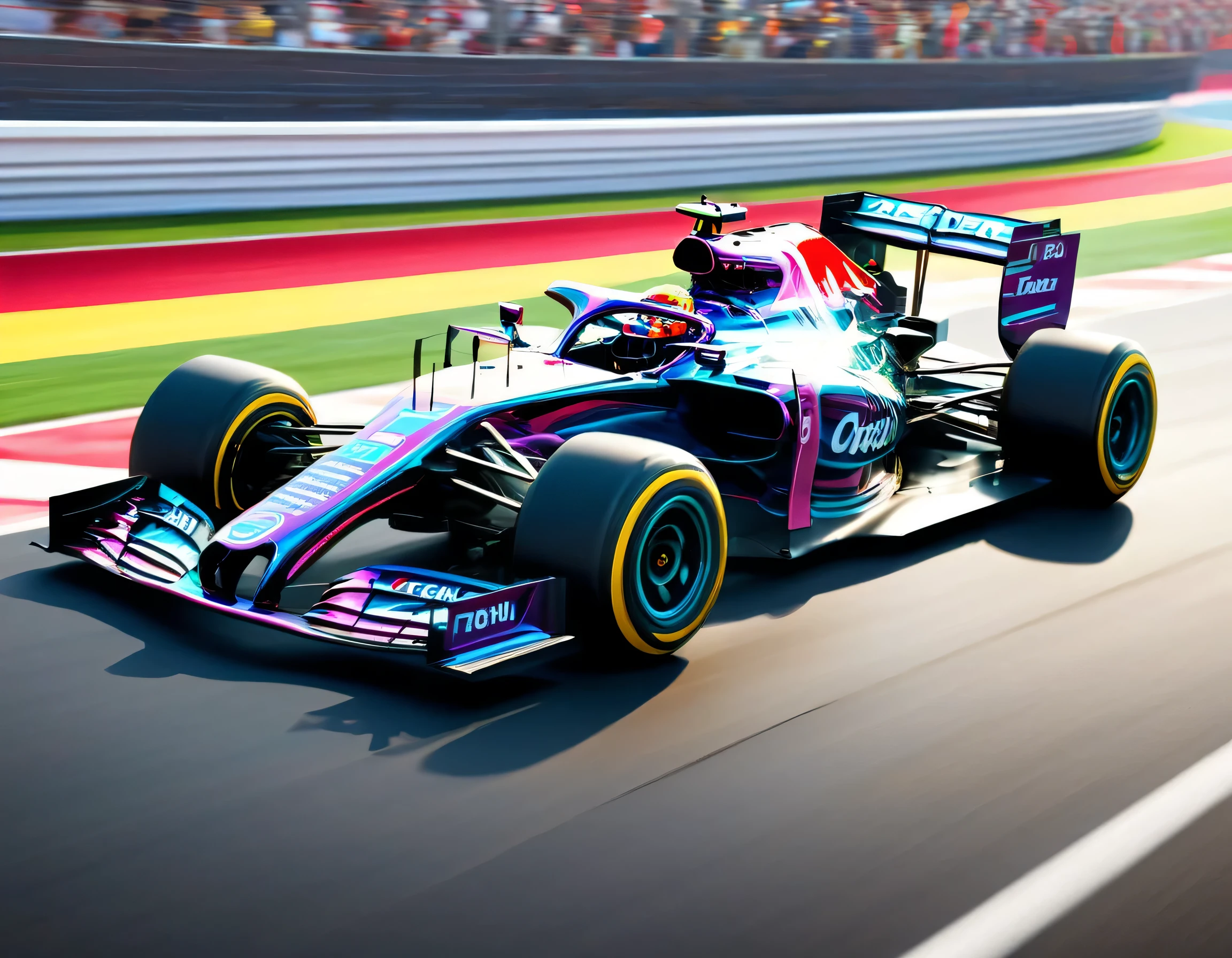 Capture thrilling moments as a sophisticated F1 racing car races through a vibrant circuit field. Each line and curve of the car&#39;s aerodynamic body is、フォトリアルなディテールで細心の注意を払ってrenderingされています。. The circuit field casts lively and long with rich contrasting colors., dynamic shadows on the track. If you pay attention to the shiny metallic car body,, Metallic light reflects coldly, Creates an exhilarating sense of speed. The realistic masterpiece of the wind blowing through the circuit field is a top-notch masterpiece that is a must-see for race fans.,rich colors,rendering,colorfulな呪文を唱える,beautiful halation effect,multiple racing cars,structurally correct,colorful,nice,Highest,masterpiece,Highest品質