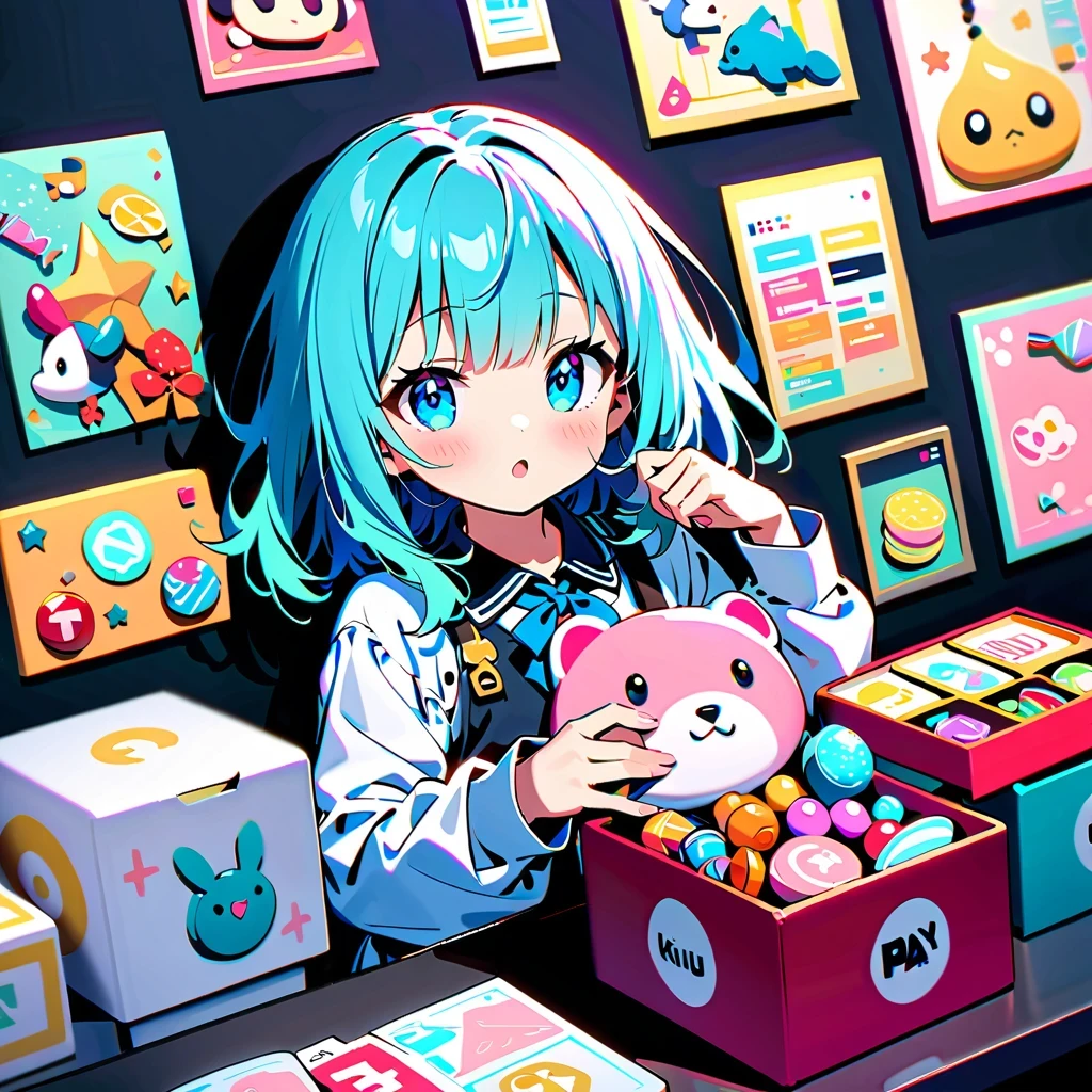 Attention to detail,especially that girl'hair and eyes,Show its unique charm。at the same time,Watch out for stuffed toys、Diversity of candy boxes and stickers,Display rich visual elements。