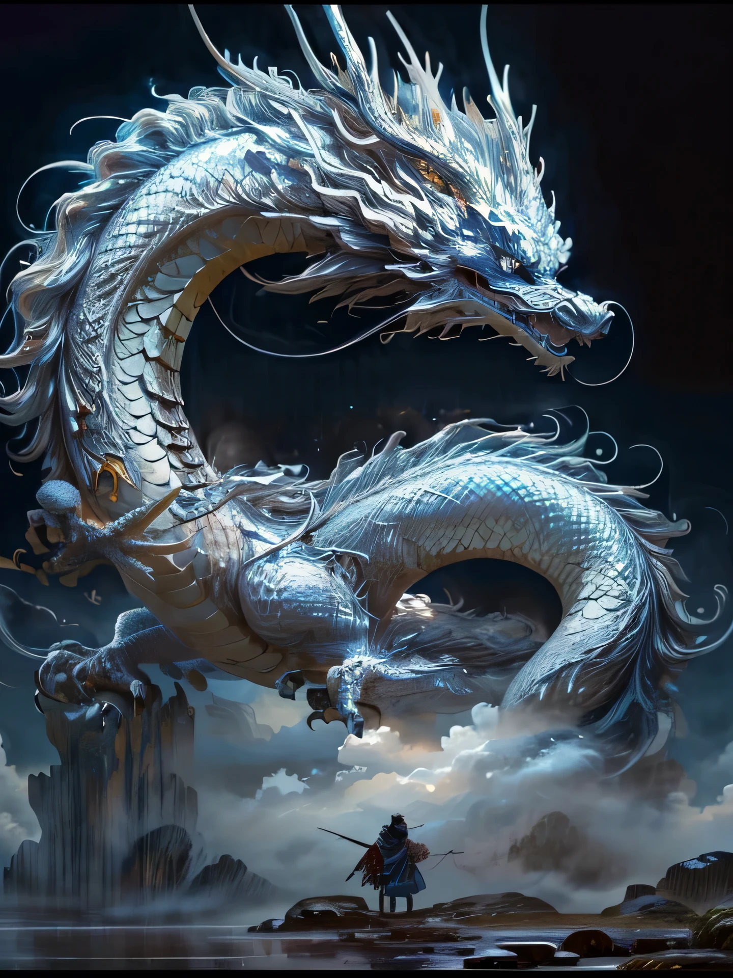 (original photo, 最high quality者), (realist, realist: 1.3), NVIDIA RTX Ray Tracing, Octane number representation, High resolution, extremely delicate and beautiful, Kind and gentle, meticulous, masterpiece, Super detailed, High, (Best Illustration), (best shadow), complicated, no beard, Exquisite facial features,Llevar clouds, white dragon, immortal, Frente a un Rong chino azul gigante, (Ron: 1.4), cloud, stormy, mountainous, sun sunset, sharp focus, Perfect compounding, fantasy, complicated, elegant, Very detailed, volumetric fog, 8K Ultra HD, SLR camera, high quality, (film grain: 1.4), Fuji XT3, art station, Focus is smooth and sharp, detailed, Winning photo, BLN-L24, high contrast, movie lighting.