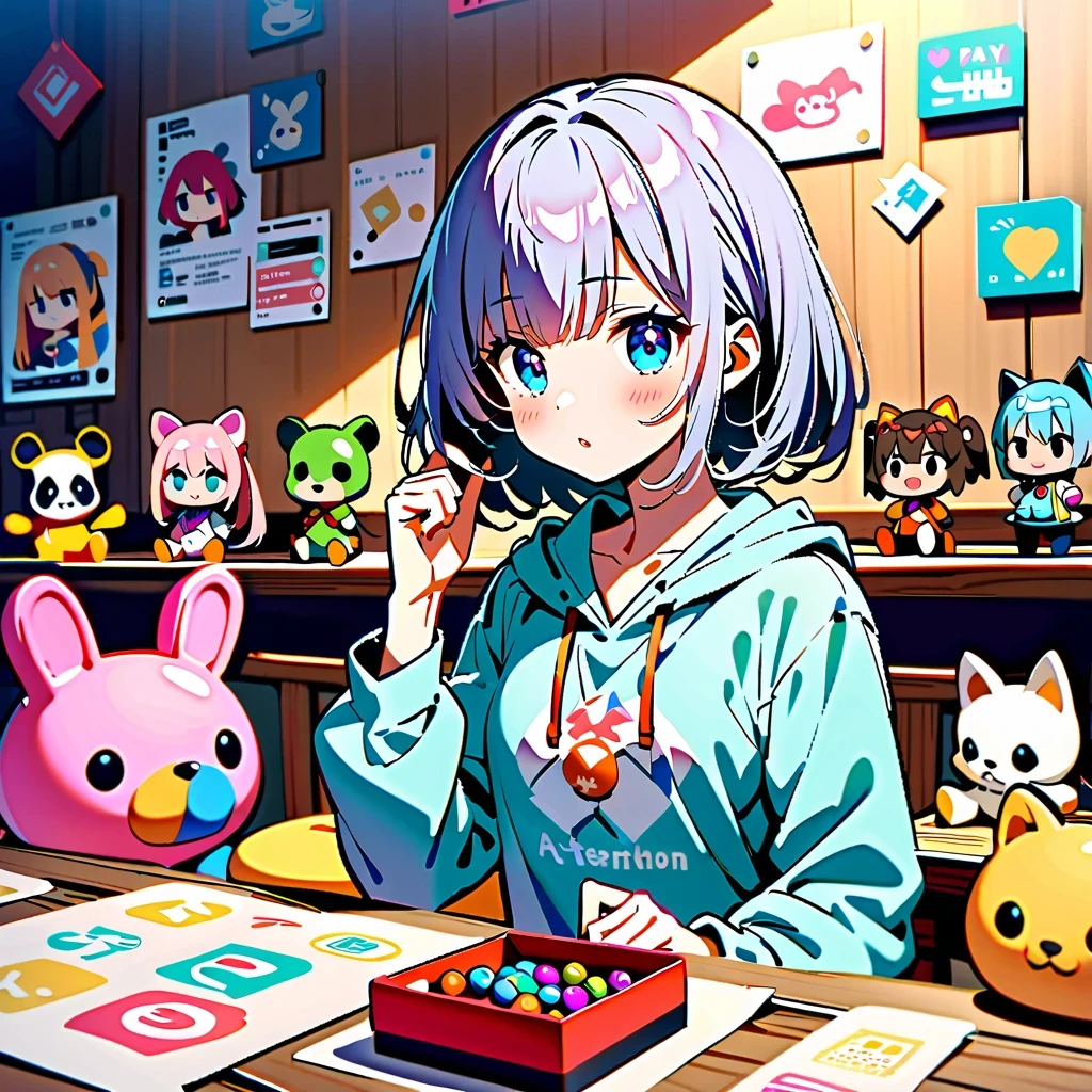 Attention to detail，especially that girl&#39;hair and eyes，Show its unique charm。at the same time，Watch out for stuffed toys、Diversity of candy boxes and stickers，Display rich visual elements。