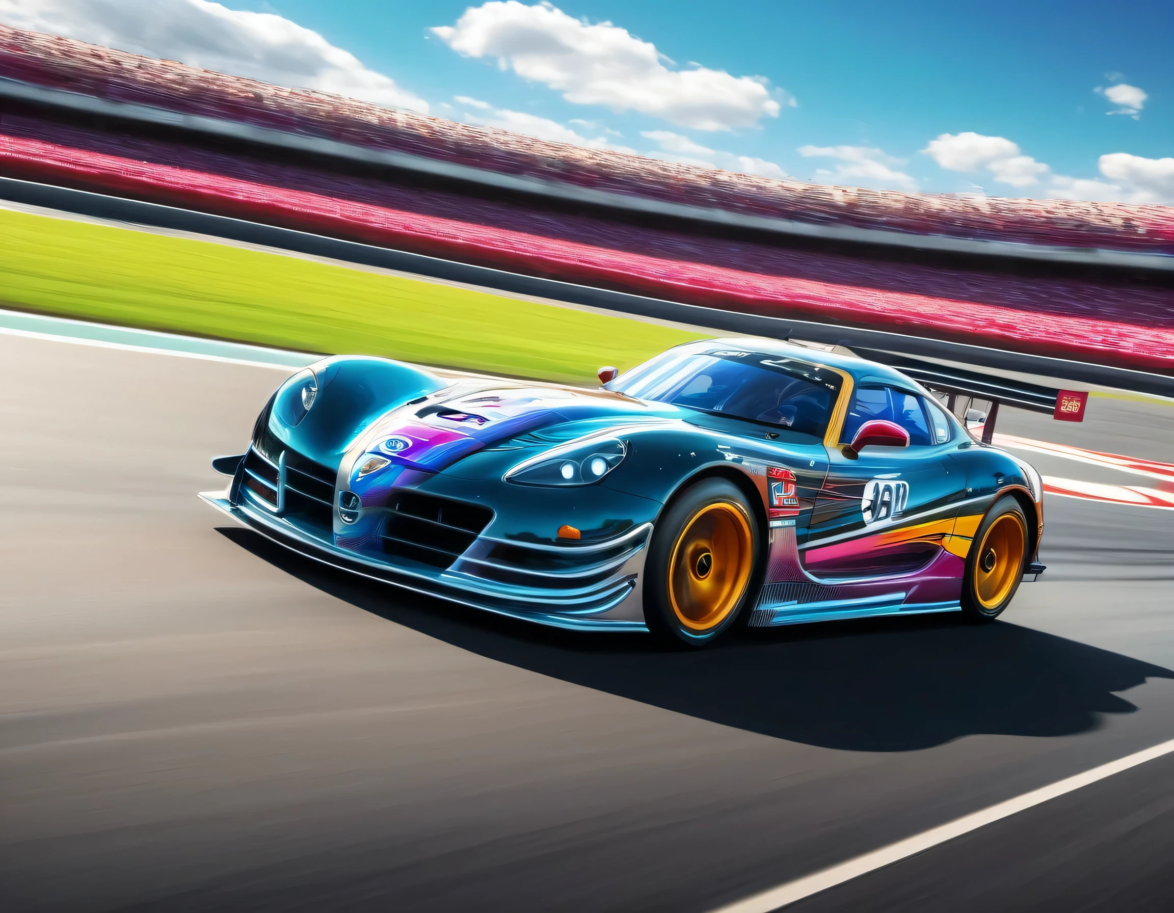 Capture thrilling moments as sophisticated racing cars drive through vibrant circuit fields. Each line and curve of the car&#39;s aerodynamic body is、フォトリアルなディテールで細心の注意を払ってrenderingされています。. The circuit field casts lively and long with rich contrasting colors., dynamic shadows on the track. If you pay attention to the shiny metallic car body,, Metallic light reflects coldly, Creates an exhilarating sense of speed. The realistic masterpiece of the wind blowing through the circuit field is a top-notch masterpiece that is a must-see for race fans.,rich colors,rendering,colorfulな呪文を唱える,beautiful halation effect,multiple racing cars,structurally correct,colorful,nice,Highest,masterpiece,Highest品質