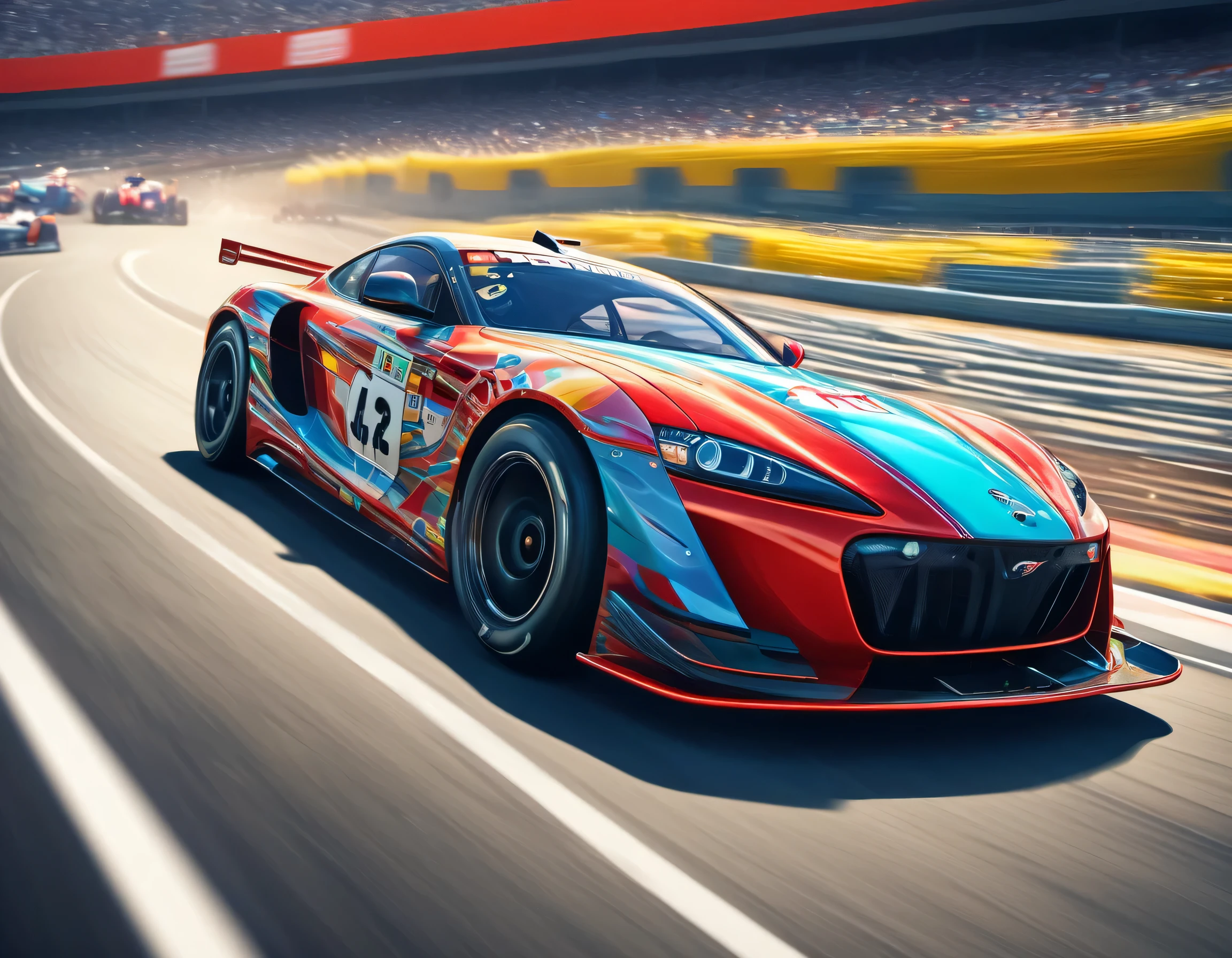 Capture thrilling moments as sophisticated racing cars drive through vibrant circuit fields. Each line and curve of the car&#39;s aerodynamic body is、フォトリアルなディテールで細心の注意を払ってrenderingされています。. The circuit field casts lively and long with rich contrasting colors., dynamic shadows on the track. If you pay attention to the shiny metallic car body,, Metallic light reflects coldly, Creates an exhilarating sense of speed. The realistic masterpiece of the wind blowing through the circuit field is a top-notch masterpiece that is a must-see for race fans.,rich colors,rendering,colorfulな呪文を唱える,beautiful halation effect,multiple racing cars,structurally correct,colorful,nice,Highest,masterpiece,Highest品質