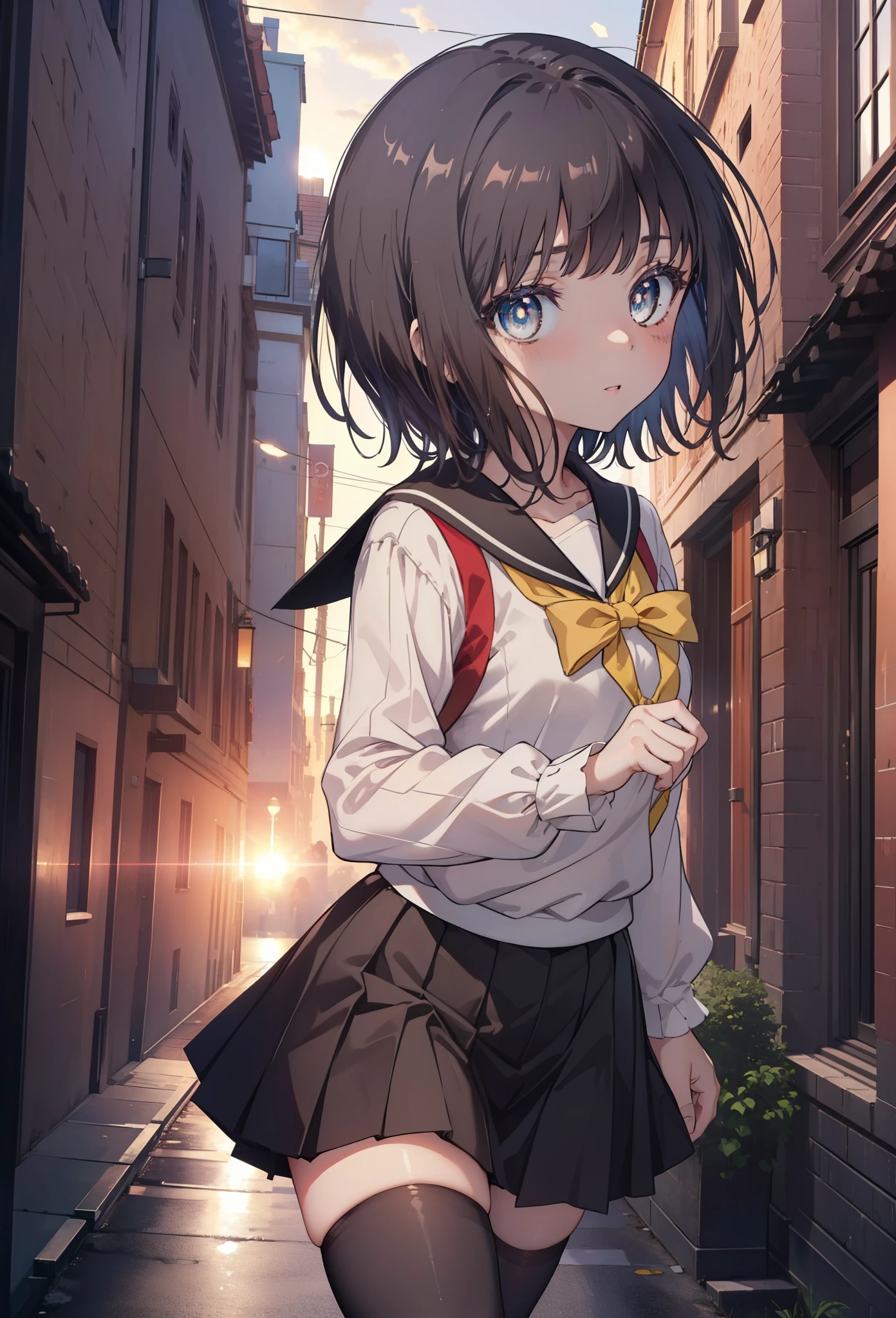 highest quality, masterpiece, High resolution, alone, {Itsuwa_toarumajutsunoindex:1.15}, brown eyes, brown hair, short hair, 1 girl, black hair,  black sailor suit,black pleated skirt,white stockings,brown loafers,walking,evening,sunset,In town,building street,(masterpiece:1.2), highest quality, High resolution, unity 8k wallpaper, (shape:0.8), (beautiful and detailed eyes:1.6), highly detailed face, perfect lighting, Very detailed CG, (perfect hands, perfect anatomy),