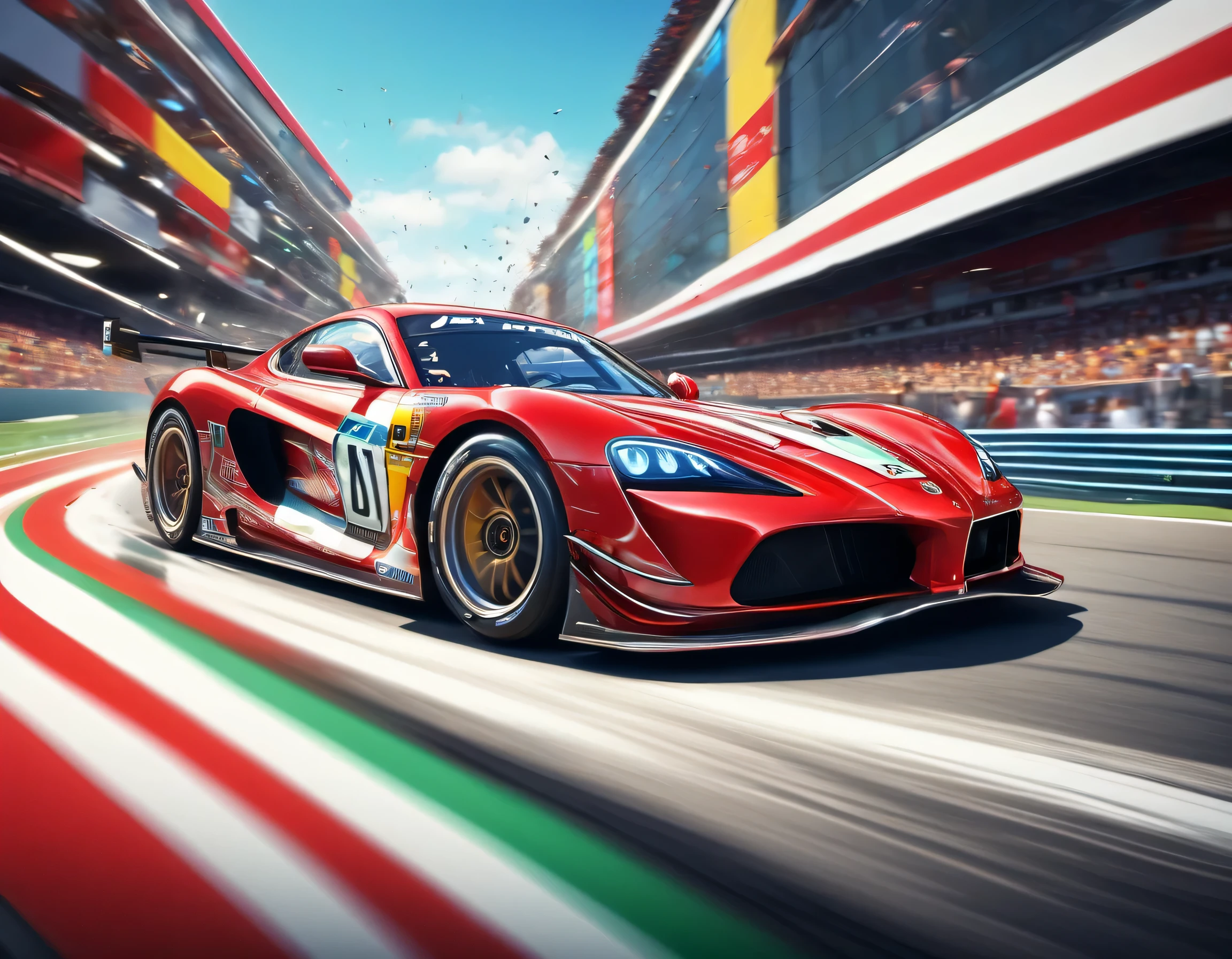 Capture thrilling moments as sophisticated racing cars drive through vibrant circuit fields. Each line and curve of the car&#39;s aerodynamic body is、フォトリアルなディテールで細心の注意を払ってrenderingされています。. The circuit field casts lively and long with rich contrasting colors., dynamic shadows on the track. If you pay attention to the shiny metallic car body,, Metallic light reflects coldly, Creates an exhilarating sense of speed. The realistic masterpiece of the wind blowing through the circuit field is a top-notch masterpiece that is a must-see for race fans.,rich colors,rendering,colorfulな呪文を唱える,beautiful halation effect,multiple racing cars,structurally correct,colorful,nice,Highest,masterpiece,Highest品質,intricate details,gracefully,Red racing car