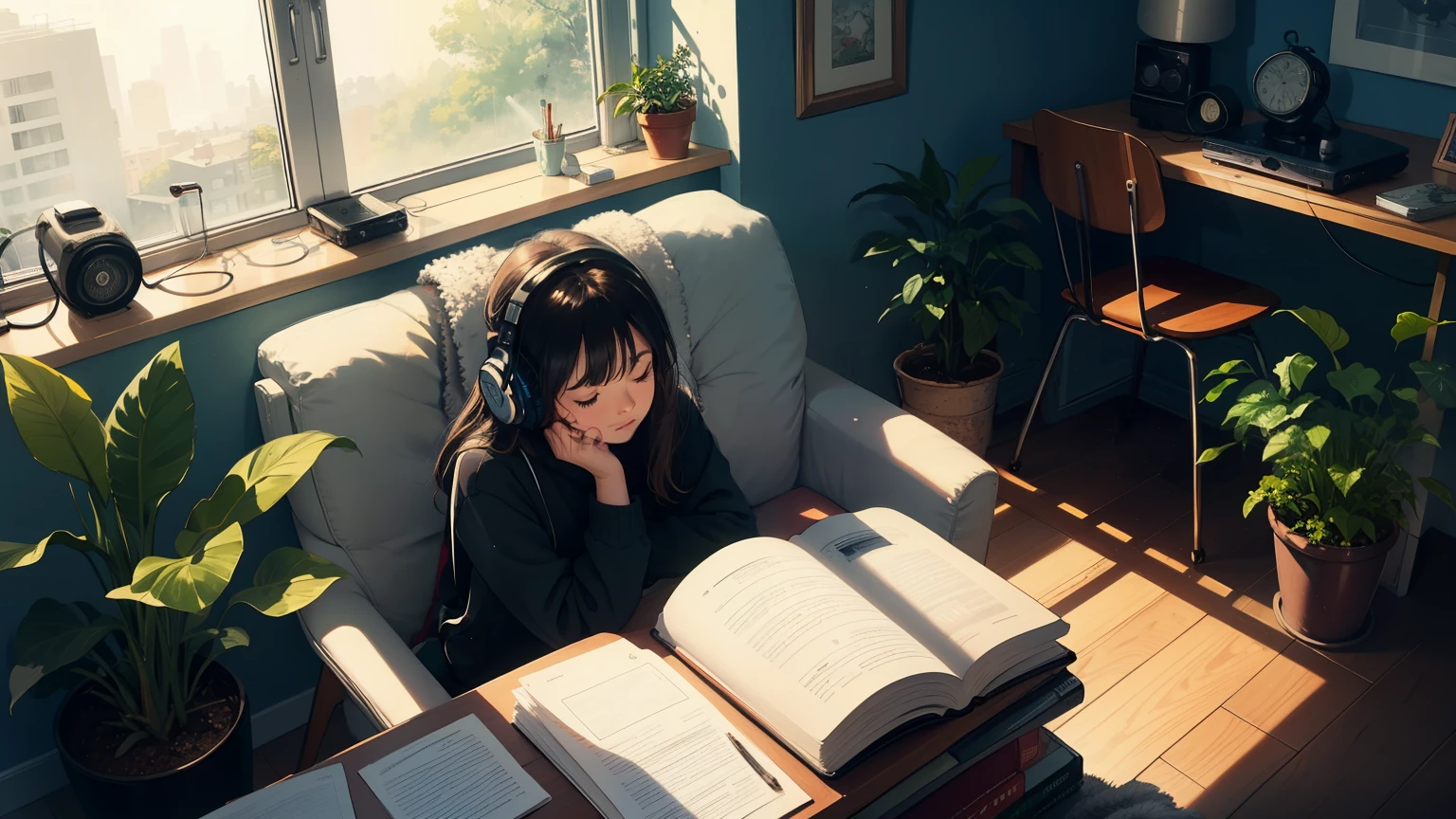 girl studying with lo-fi music, cozy room, warm lighting, bookshelf filled with books, desk with notebooks and stationary, headphones, cup of tea, soft colors, relaxed atmosphere, peaceful and focused expression, natural light coming through the window, vintage decor, handwritten notes, comfortable chair, inspiring quotes on the wall, plants on the windowsill, a soft blanket draped on the chair, sunlight streaming in, a cat sleeping on the desk, a painting of a serene landscape, a clock ticking softly in the background, a laptop open with an e-book, a pencil sketch of a flower, a warm sweater, a cozy rug on the floor, a bookmark sticking out of a book, a gentle rain outside, steam rising from the cup of tea, a soft breeze blowing the curtains, a motivational poster, a daydreaming expression, headphones with a retro design, a vintage record player, soft instrumental music, a cozy reading nook, a desk lamp casting a warm glow, a journal with handwritten thoughts, a window overlooking a garden, a scent of a scented candle in the air. (best quality, highres), calming vibes, peaceful atmosphere.