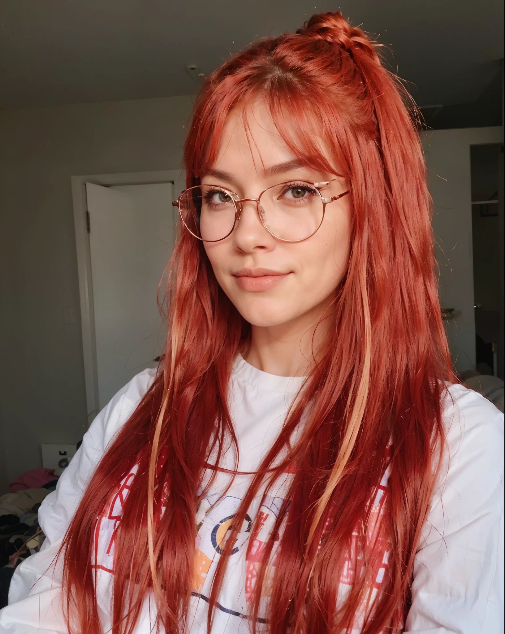 a close up of a woman com cabelo ruivo and glasses, cabelos ruivos longos cabelos com mechas brancas, cabelo tingido de vermelho, peruca vermelha, Bela Delfina, cabelo ruivo brilhante, red hair and attractive features, com longos cabelos ruivos, cabelo vermelho brilhante, com cabelo ruivo, cabelo ruivo vibrante, cerveja madison como leeloo, cabelos vermelhos e dourados brilhantes