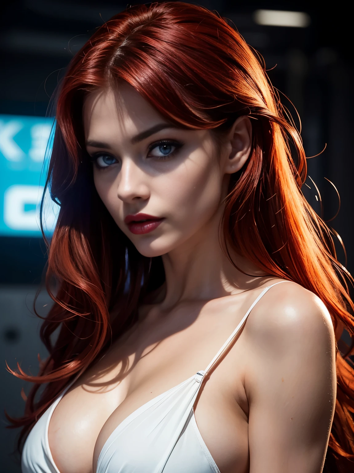 From side, An ultra hot gorgeous European woman, age 23, She’s a mad scientist in a cyberpunk laboratory, (long blouse,) skirt, red hair, dark red lipstick, cleavage, seducing, naughty look, (beautiful eyes), best quality, realistic, masterpiece, backlight, movie scene lighting, Perfect anatomy, perfect hair, perfect breast, perfect body, perfect hands, perfect face, perfect eyes, accurate, anatomically correct, perfect clear and crisp focus, UHD, masterpiece, 