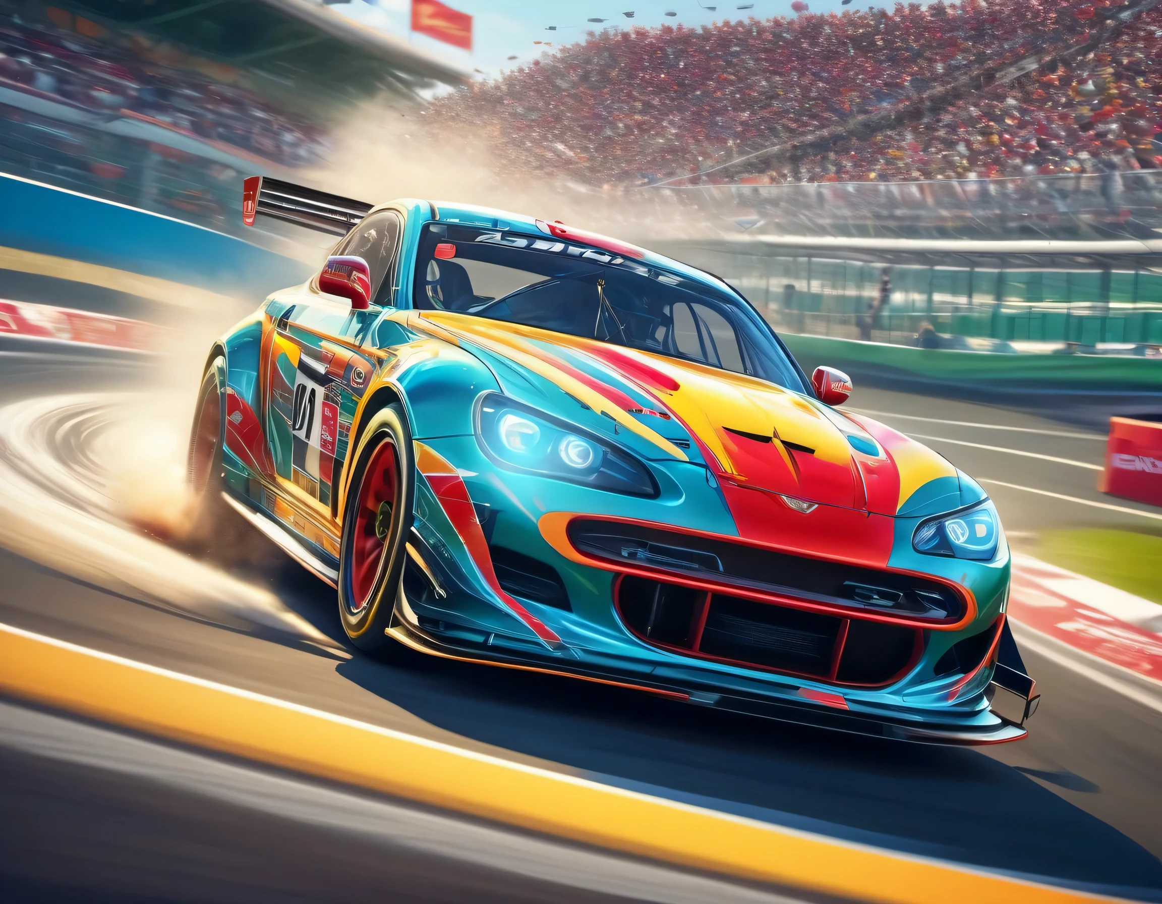 Capture thrilling moments as sophisticated racing cars drive through vibrant circuit fields. Each line and curve of the car&#39;s aerodynamic body is、フォトリアルなディテールで細心の注意を払ってrenderingされています。. The circuit field casts lively and long with rich contrasting colors., dynamic shadows on the track. If you pay attention to the shiny metallic car body,, Metallic light reflects coldly, Creates an exhilarating sense of speed. The realistic masterpiece of the wind blowing through the circuit field is a top-notch masterpiece that is a must-see for race fans.,rich colors,rendering,,beautiful halation effect,multiple racing cars,structurally correct,medium dirt,nice,Highest,masterpiece,Highest品質