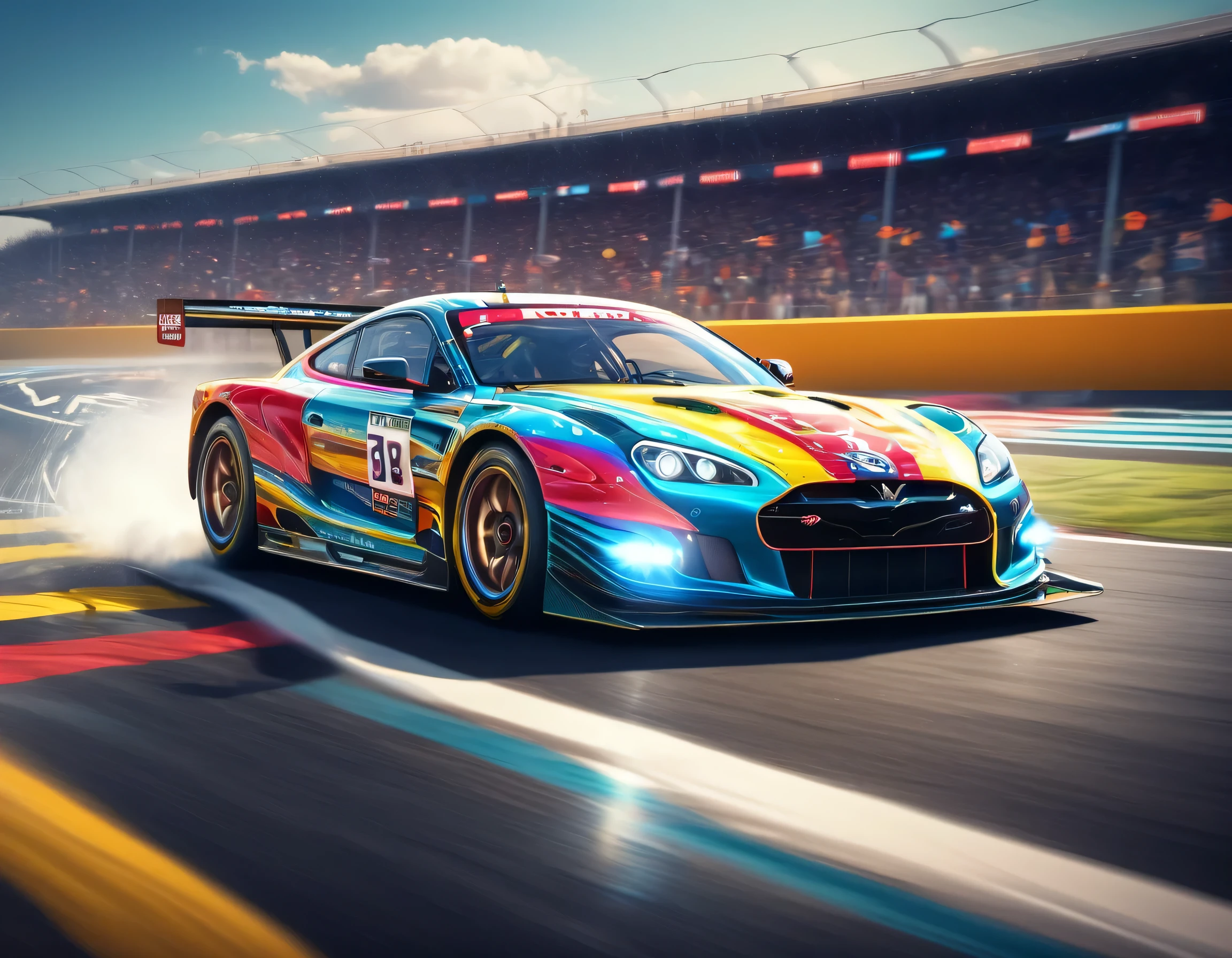 Capture thrilling moments as sophisticated racing cars drive through vibrant circuit fields. Each line and curve of the car&#39;s aerodynamic body is、フォトリアルなディテールで細心の注意を払ってrenderingされています。. The circuit field casts lively and long with rich contrasting colors., dynamic shadows on the track. If you pay attention to the shiny metallic car body,, Metallic light reflects coldly, Creates an exhilarating sense of speed. The realistic masterpiece of the wind blowing through the circuit field is a top-notch masterpiece that is a must-see for race fans.,rich colors,rendering,,beautiful halation effect,multiple racing cars,structurally correct,medium dirt,nice,Highest,masterpiece,Highest品質