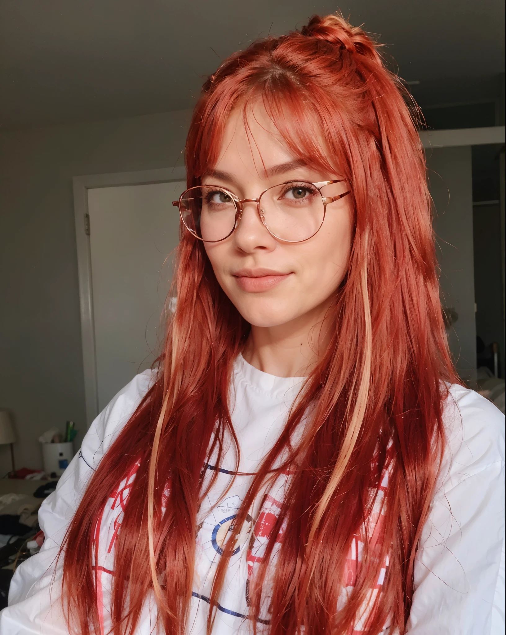 a close up of a woman com cabelo ruivo and glasses, cabelos ruivos longos cabelos com mechas brancas, cabelo tingido de vermelho, peruca vermelha, Bela Delfina, cabelo ruivo brilhante, red hair and attractive features, com longos cabelos ruivos, cabelo vermelho brilhante, com cabelo ruivo, cabelo ruivo vibrante, cerveja madison como leeloo, cabelos vermelhos e dourados brilhantes