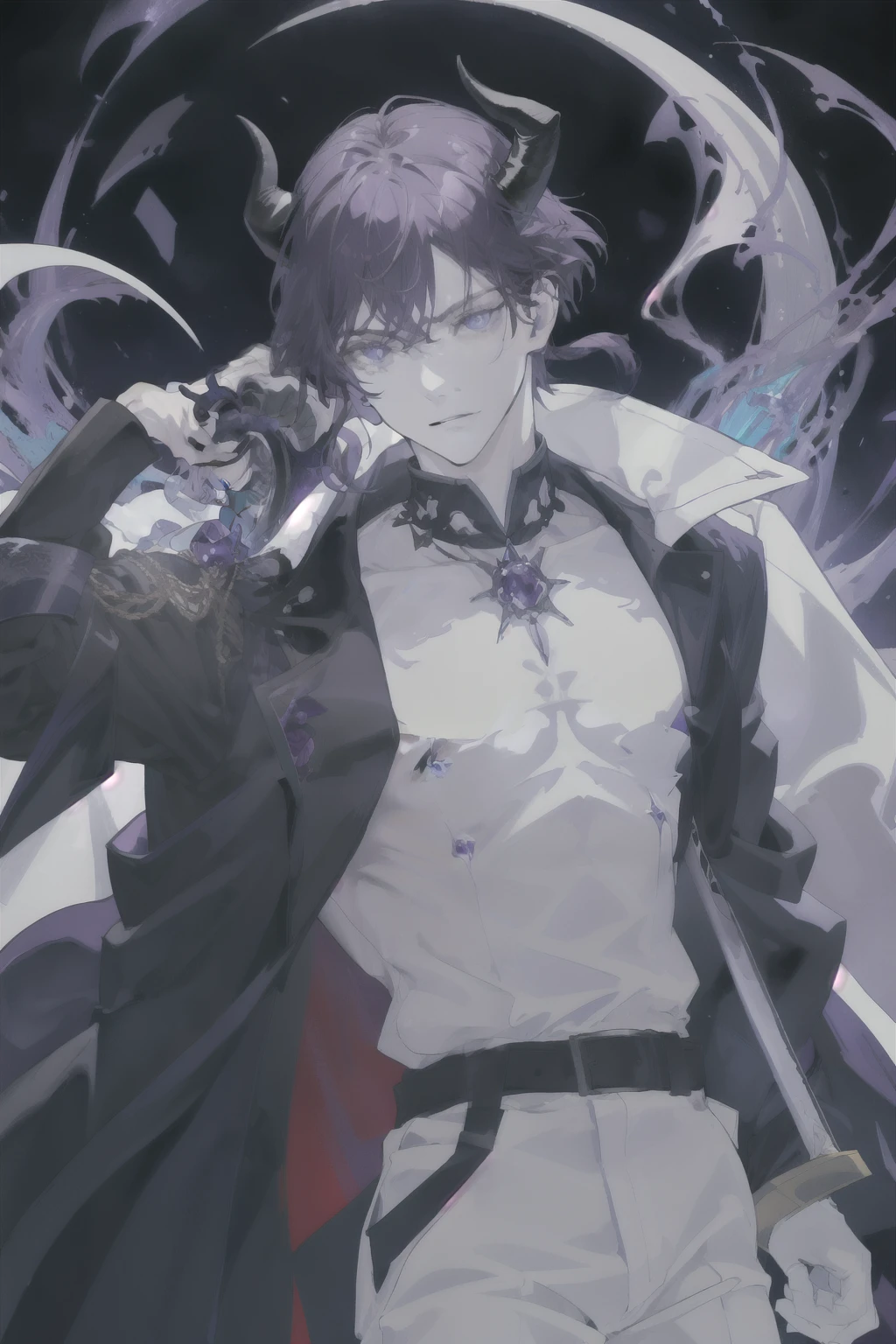obra maestra, Mejor calidad, 1 man with dark purple hair in short layers with navy blue eyes serious mature cold with black demon horns with purple background of bodies of lifeless people behind him and a sword with a large purple gem