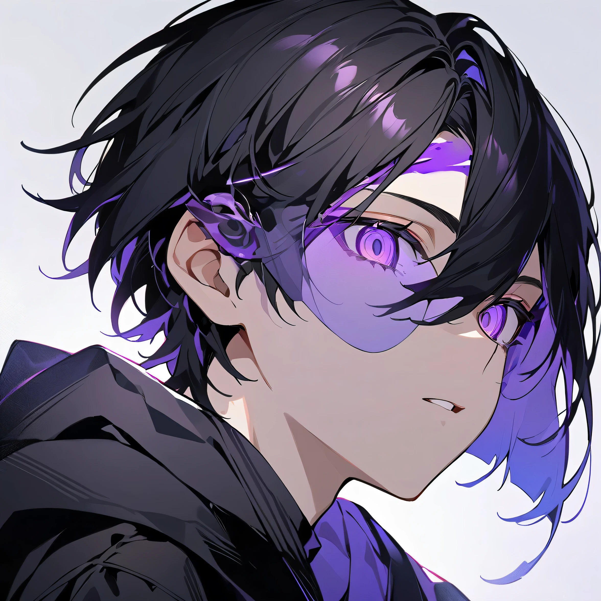 Young Korean man, about .. There was a faint glow of purple around his eyes.. Medium haircut. black haired. Wearing a large black coat. Zoom in on only the face and neck.
