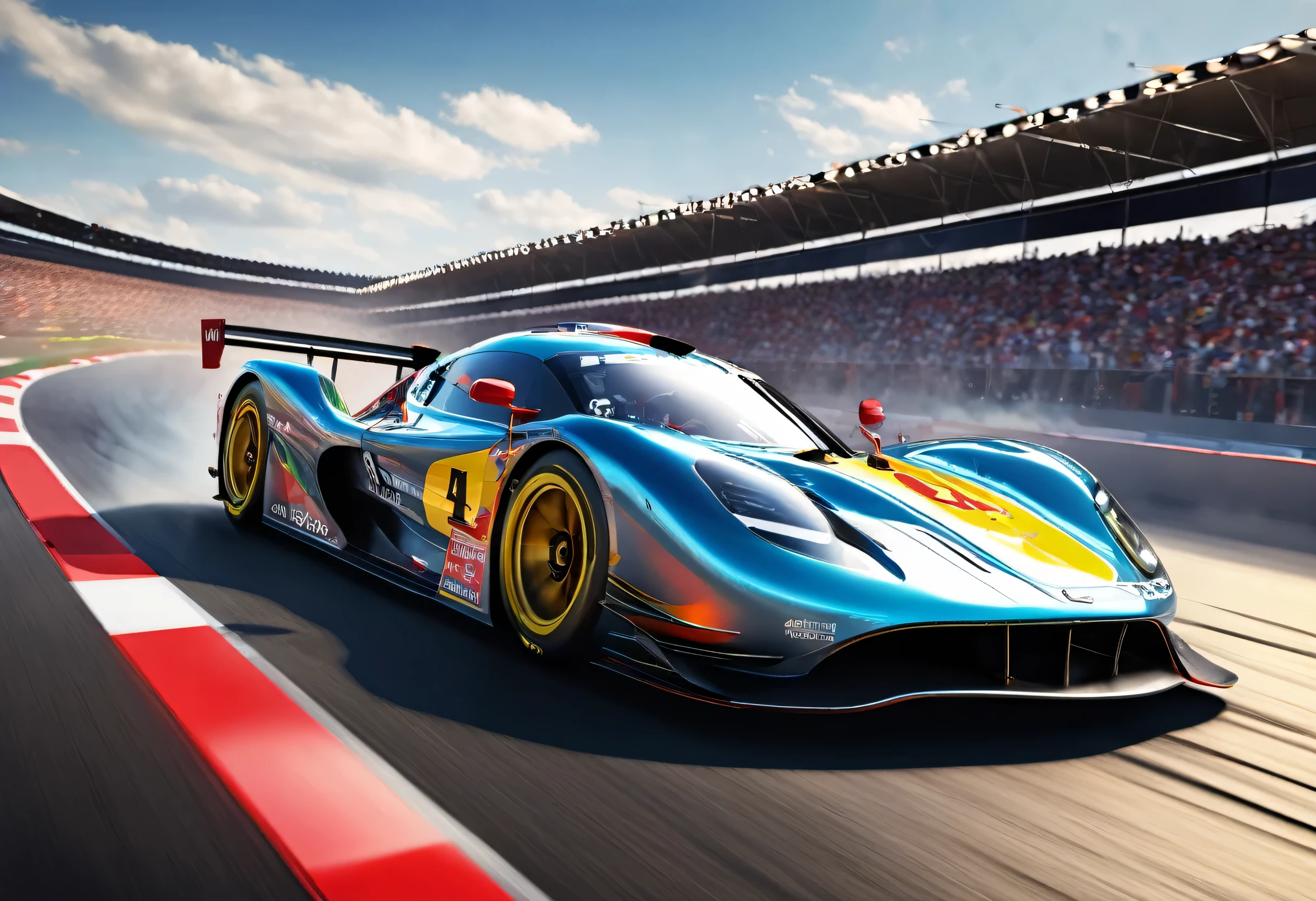 Capture thrilling moments as sophisticated racing cars drive through vibrant circuit fields. Each line and curve of the car's aerodynamic body is meticulously rendered with photorealistic detail. The circuit field casts lively and long with rich contrasting colors., dynamic shadows over the track. When you concentrated on the shiny metallic car body, Metallic light reflects coldly, Creates an exhilarating sense of speed. The realistic masterpiece of the wind blowing through the circuit field is a top-notch masterpiece that is a must-see for race fans.,rich colors,rendering,colorfulな呪文を唱える,beautiful halation effect,multiple racing cars,structurally correct,colorful,nice,Highest,masterpiece,Highest品質,force,concentrated,dynamic,Highestの構図,car race