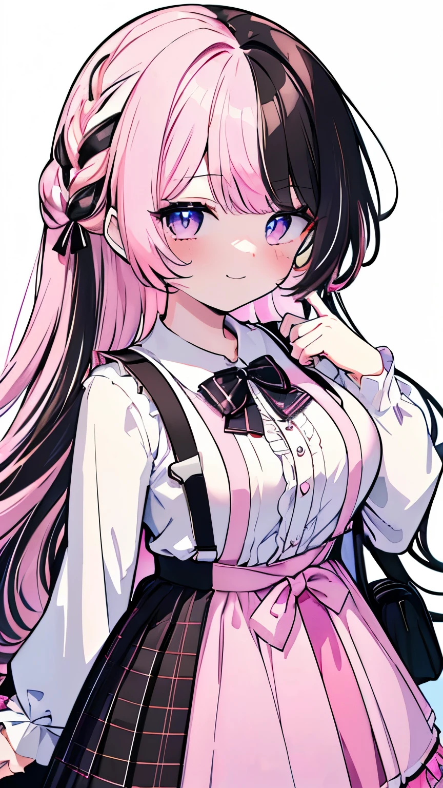 (8K、best image quality、highest quality、masterpiece)、detailed face、1 female、Improve、TachibanaHinano、long hair、((split color hair,black hair, pink hair:1.3))、french braid、light blue eyes、smile、big breasts、((White ruffled clothes))、((suspenders))、((black mini skirt))、cowboy shot、downtown background