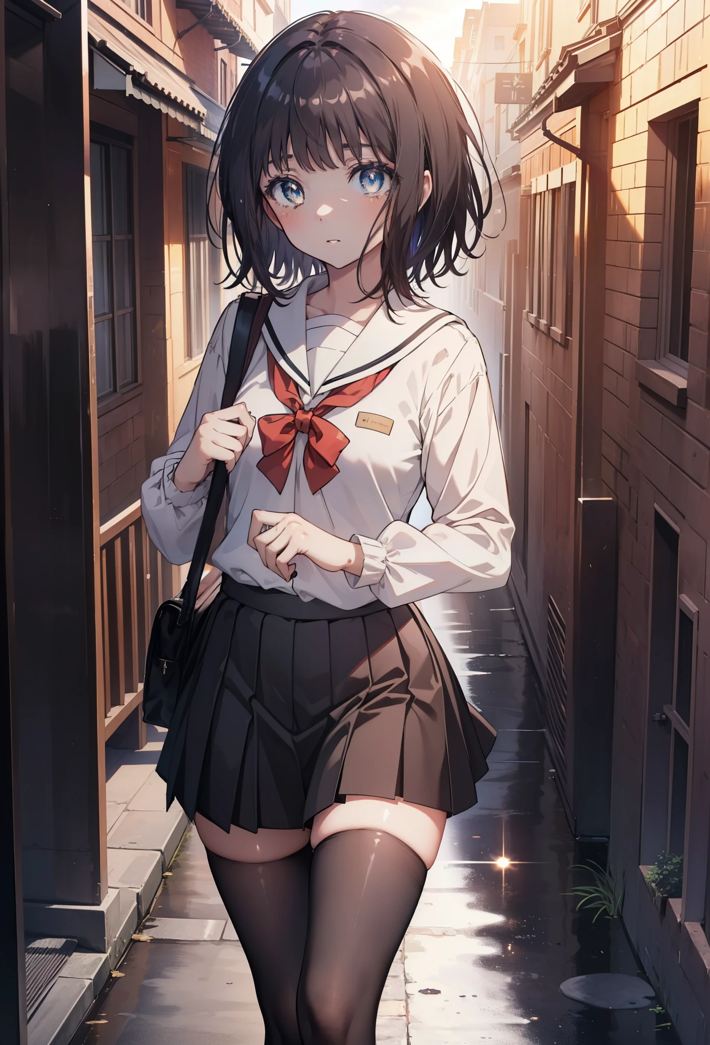 highest quality, masterpiece, High resolution, alone, {Itsuwa_toarumajutsunoindex:1.15}, brown eyes, brown hair, short hair, 1 girl, black hair,  black sailor suit,black pleated skirt,white stockings,brown loafers,walking,evening,sunset,In town,building street,(masterpiece:1.2), highest quality, High resolution, unity 8k wallpaper, (shape:0.8), (beautiful and detailed eyes:1.6), highly detailed face, perfect lighting, Very detailed CG, (perfect hands, perfect anatomy),