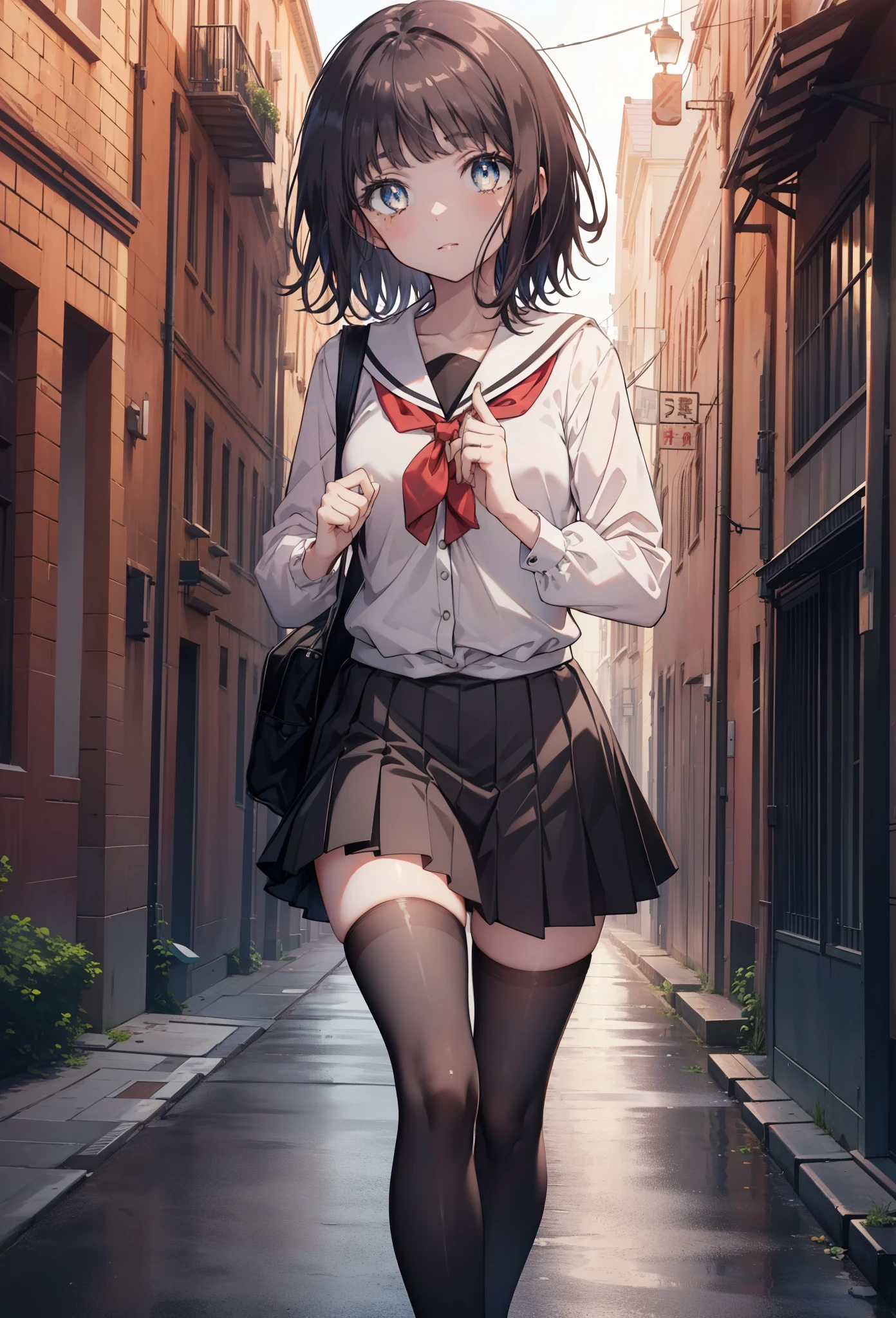 highest quality, masterpiece, High resolution, alone, {Itsuwa_toarumajutsunoindex:1.15}, brown eyes, brown hair, short hair, 1 girl, black hair,  black sailor suit,black pleated skirt,white stockings,brown loafers,walking,evening,sunset,In town,building street,(masterpiece:1.2), highest quality, High resolution, unity 8k wallpaper, (shape:0.8), (beautiful and detailed eyes:1.6), highly detailed face, perfect lighting, Very detailed CG, (perfect hands, perfect anatomy),