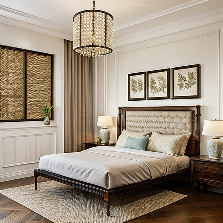 indochine bedroom interior design, a bedroom with bed, lamp, rug, flower vase, pillow, bench, chandelier, herringbone floor, (rustic wood furnitures), picture frame, wall painted picture backside of bed, pillow, book, lamp, day, 8k uhd, dslr, soft lighting, high quality, film grain, Fujifilm XT3