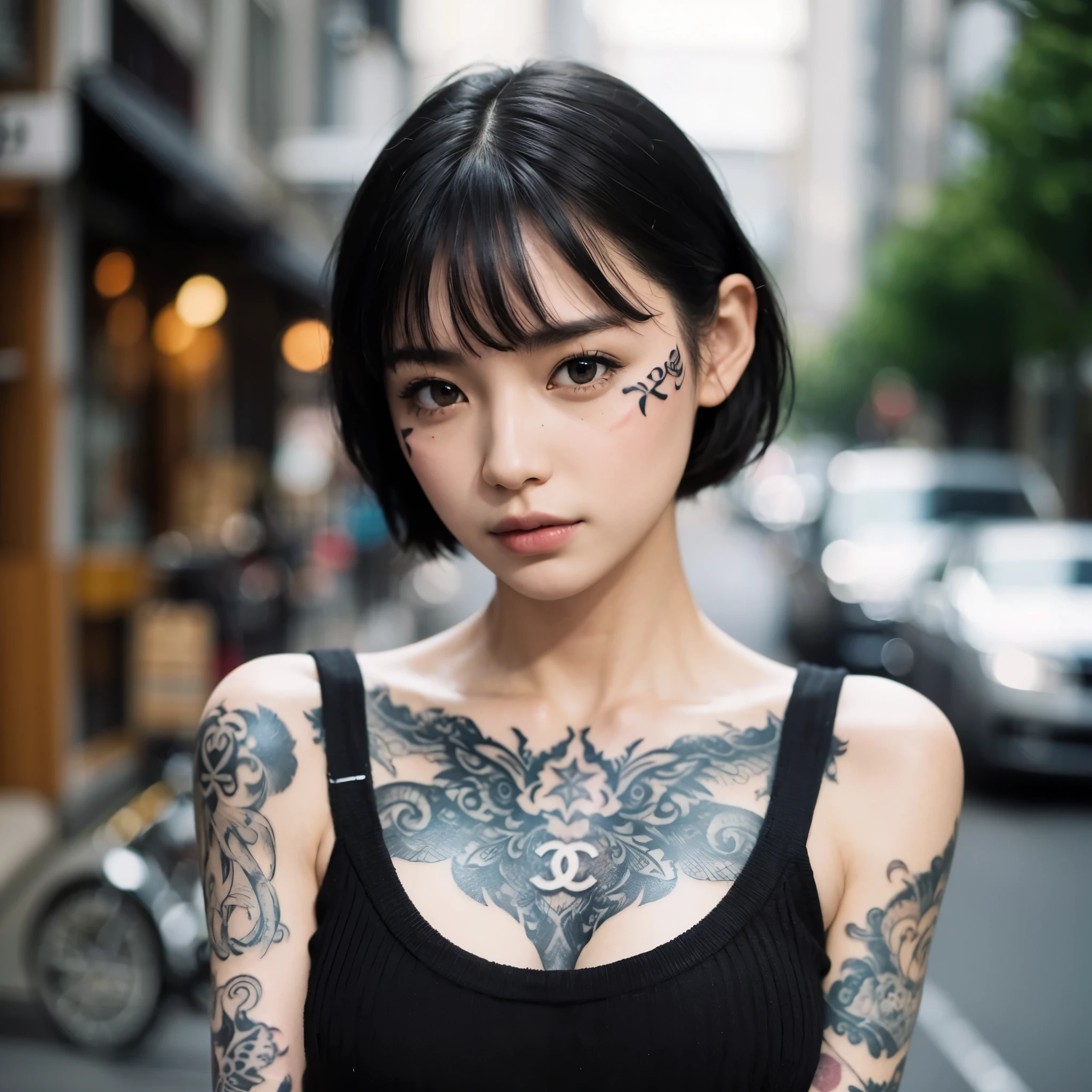 Photoreal、realistic skin texture, (((facial tattoo))),(((full body tattoo))), Photo realistic, High resolution, detailed background, detailed beautiful skin, detailed nose, soft lighting, (solo shot:1.23), (upper body:1.1), closed shot, looking at viewer, (((nice hand, perfect hand))), clear eyes,// japanese lady, pale skin, 20 year old, // (((wearing black tank top chanel))), black short hair, street snap, ((facing viewer)), at the street, ((standing)),
