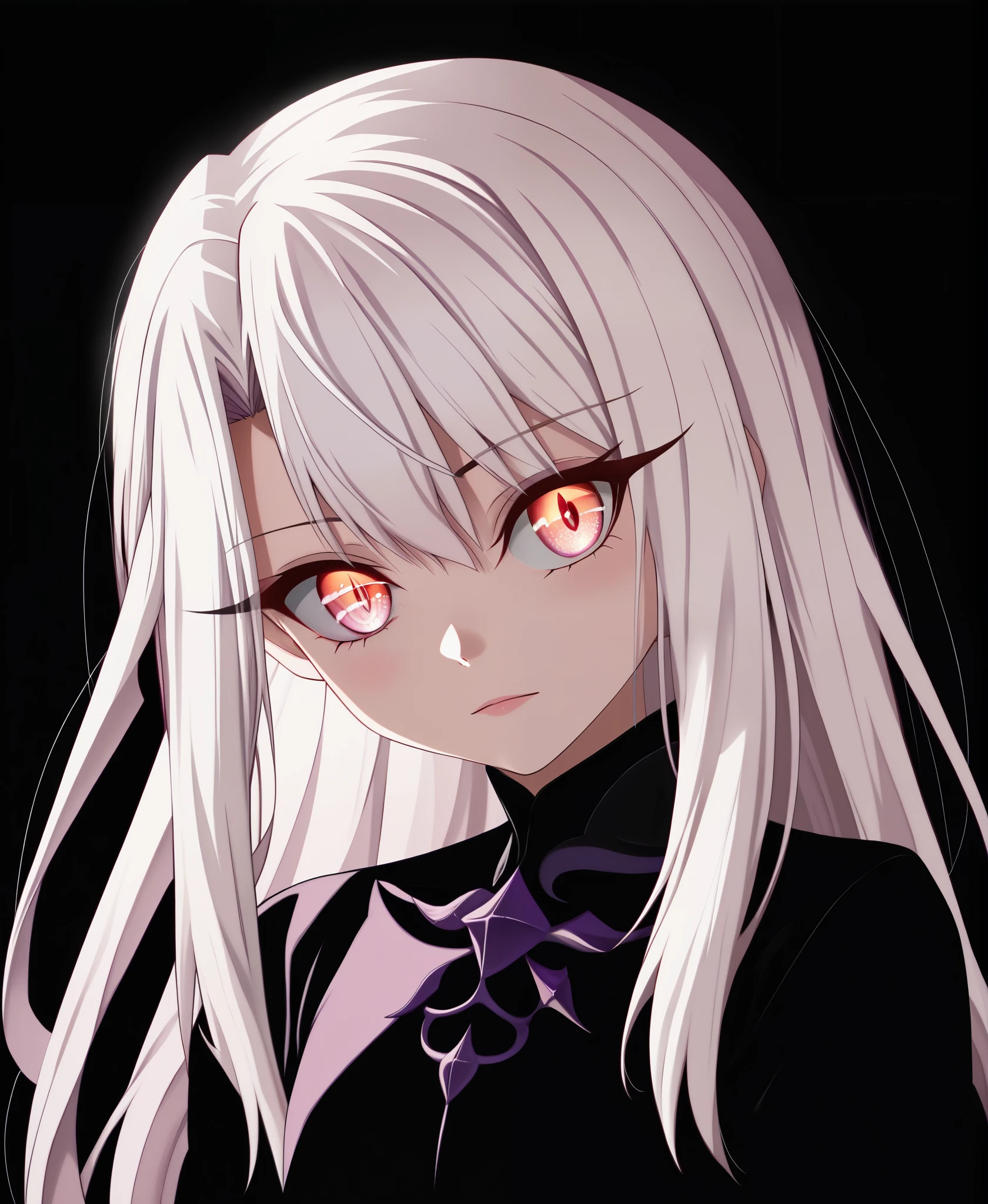 high resolution, highly detailed, perfect lighting, beautiful detailed eyes,   upper body, black background, 1girl, solo, looking at viewer,   zzillaaa, official alternate costume, long hair, white hair, illyasviel von einzbern, Fate/kaleid liner head tilt,