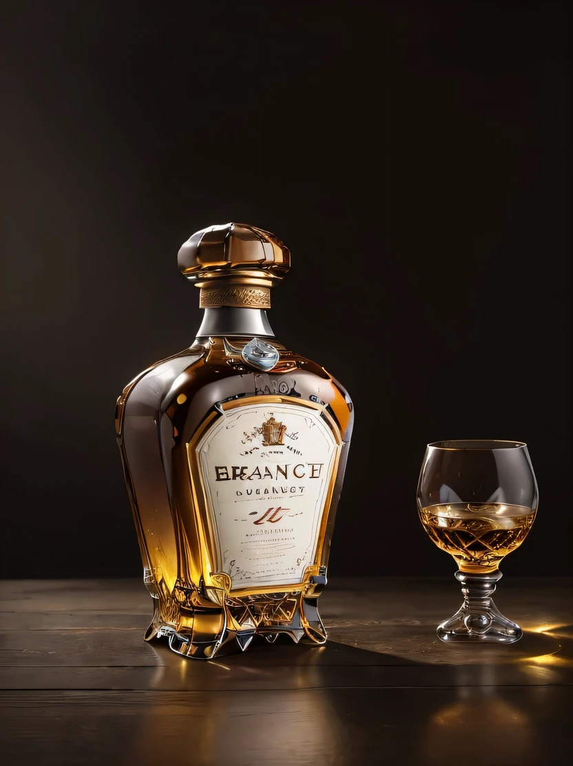 ((masterpiece、highest quality、Super detailed、High resolution、realistic、sharp focus))、((there are no humans))、high contrast、high color saturation、Note the large brandy bottle、ticker、cognac、Rémy Martin、((brandy glass with brandy))、brick wall background、blurred background