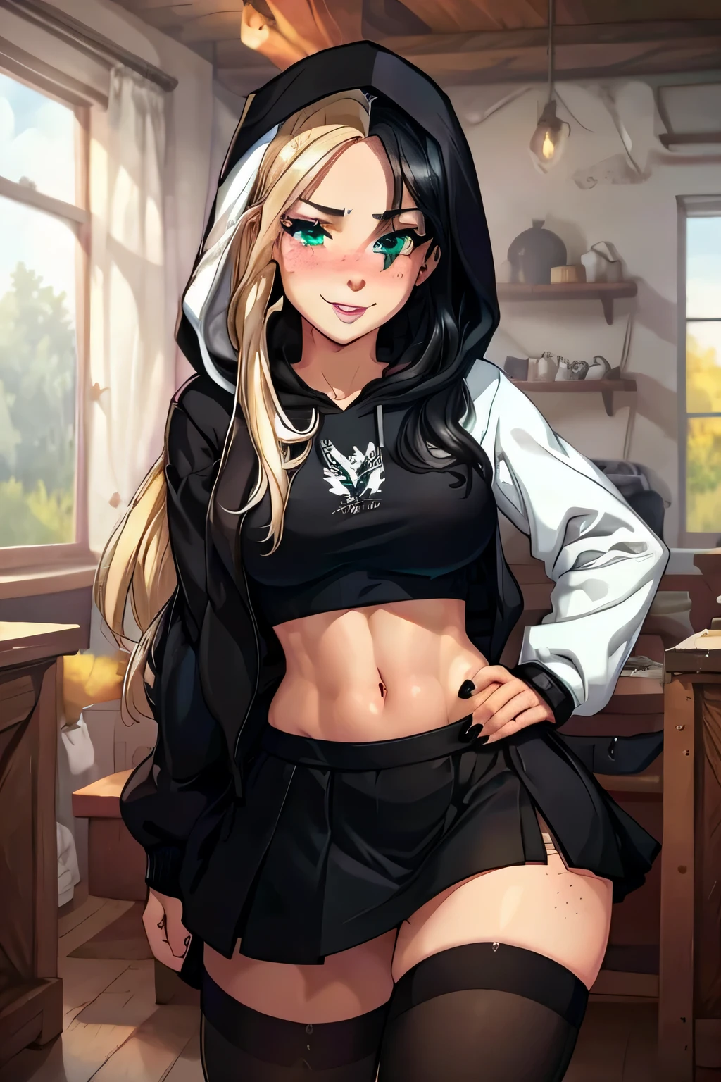 20 year old white woman wearing a hoodie and short skirt with no panties, long wild hair , green eyes , black lips , fit with a six pack , perfect ass , perfect tits , blonde and black hair , freckles , wearing thigh highs ,wild smile , blushing 