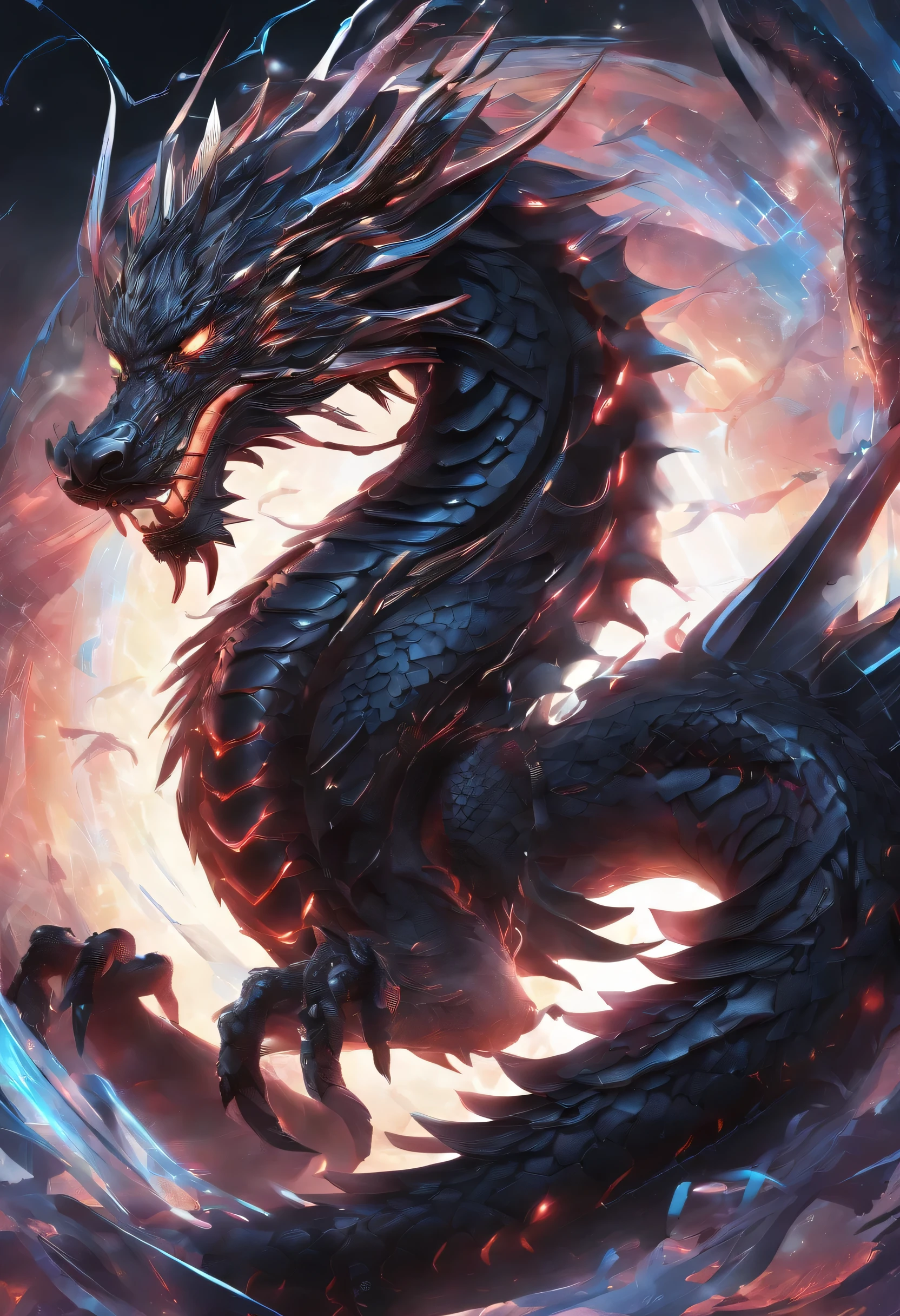 A brand、Masterpiece、black chinese dragon、god々halo、wind、god、long wavy body、fangs、upper part of body、fantasy、god話、high quality、Very detailed、Masterpiece、epic、particle effect、dynamic effect