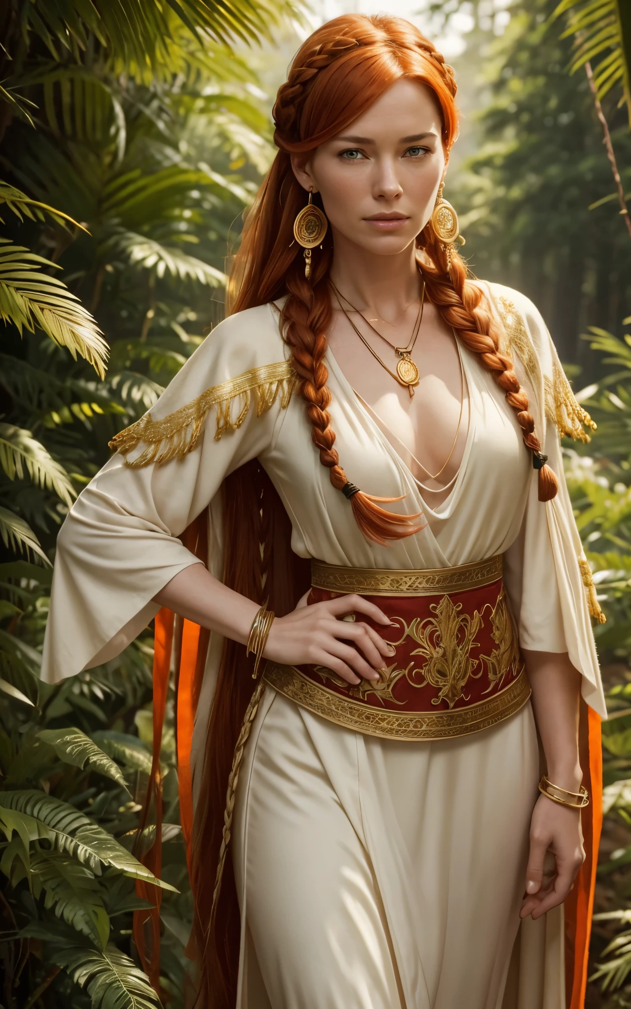 Flamme, (young Lena Headey:Evangeline Lilly), A 35-year-old woman with orange hair, green eyes, sideburns, one large braid, a gold necklace with a ruby pendant, dressed in a white Greek tunic and Roman sandals, with gold bracelets on her arms, forest in the background, masterpiece, hyperdetailed,((1girl)) ,bangs,braided ponytail,single braid,orange hair,very long hair,sidelocks,red earrings,hair over one eye,