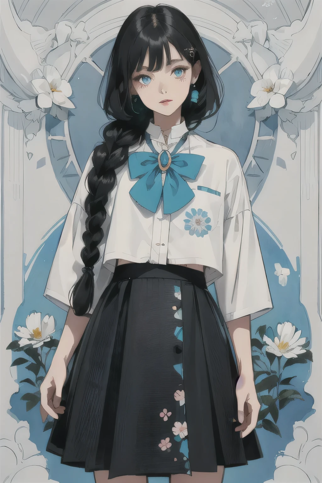 (masterpiece, best quality:1.2),illustration art，watercolor，black irregular lines，a beautiful girl，Skin detail processing，The eyes are very detailed，fine hair，braid，black hair，blue eyes，loose slouchy shirt，White geometric pattern，Shirt details，warm，retro style skirt，floral skirt，Retro contrasting colors，Flower brooch，clean background，green，blue，Red