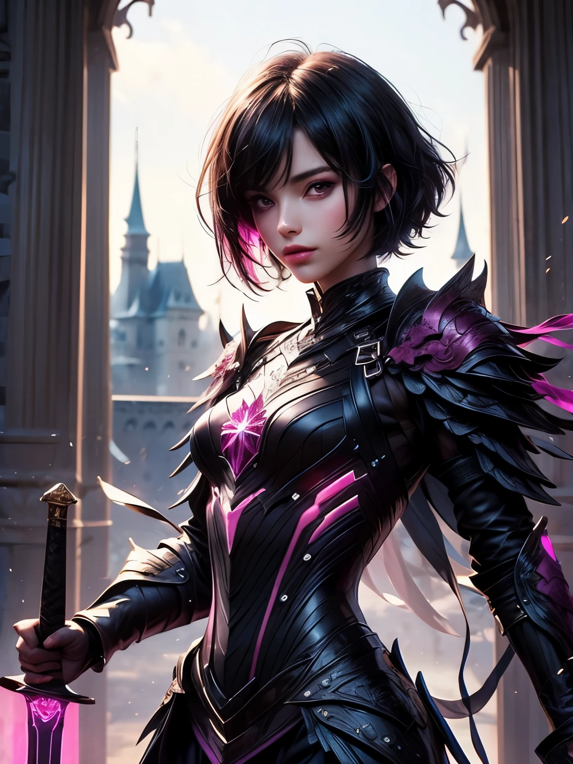 (((Best Quality))), ((Ultra-detailed)), (extremely detailed photo), ((extremely delicate and beautiful)),(Cute delicate face), ((masterpiece)), perfect anatomy, intricate, (highly detailed), masterpiece, photorealistic, (Tall and cool 20 year old boyish girl),(magenta and black armor:1.3), ((Castle Town)) ,(upper body),(holding glowing sword),alone,(black hair and short hair),(dynamic pose), looking at viewer, double eyelid,delicate skin,slender body shape,small breast