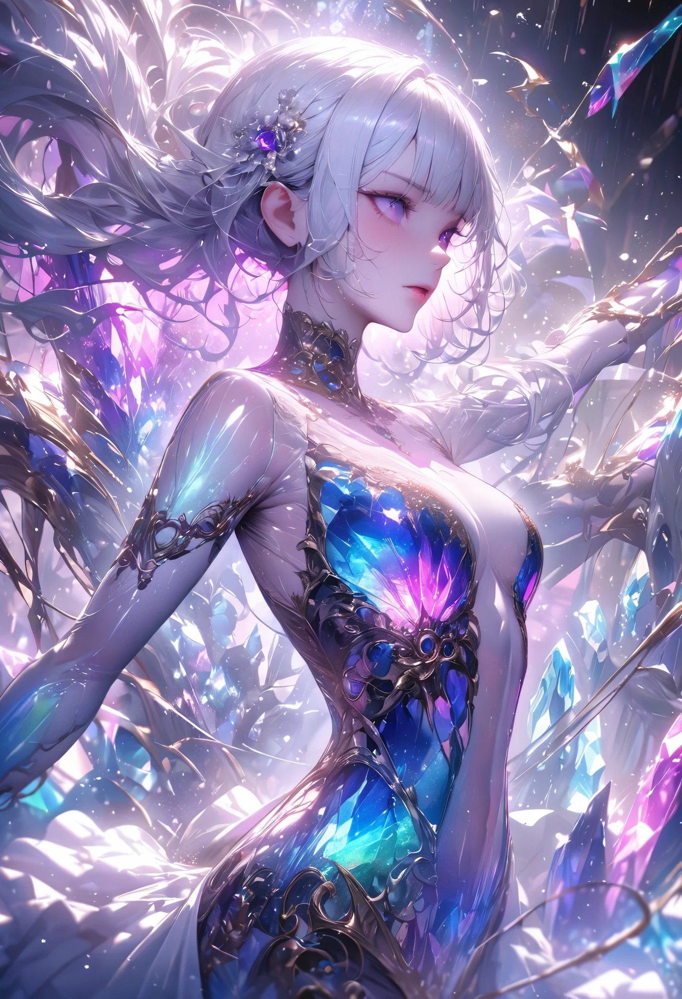 crystal covered, upper body, side shot, alternate color, masterpiece, detailed illustration, realistic, pixiv top quality, exquisite, {{{kawaii 1girl}}}, ultra beauties who fuse with machines, elaborate shabby chic pattern, glitter beautiful female, Half of my body is made of machines, transparent glass body, The machines inside the body are transparent, cinematic lighting, dynamic angle, dynamic pose, crystal world, depth of field