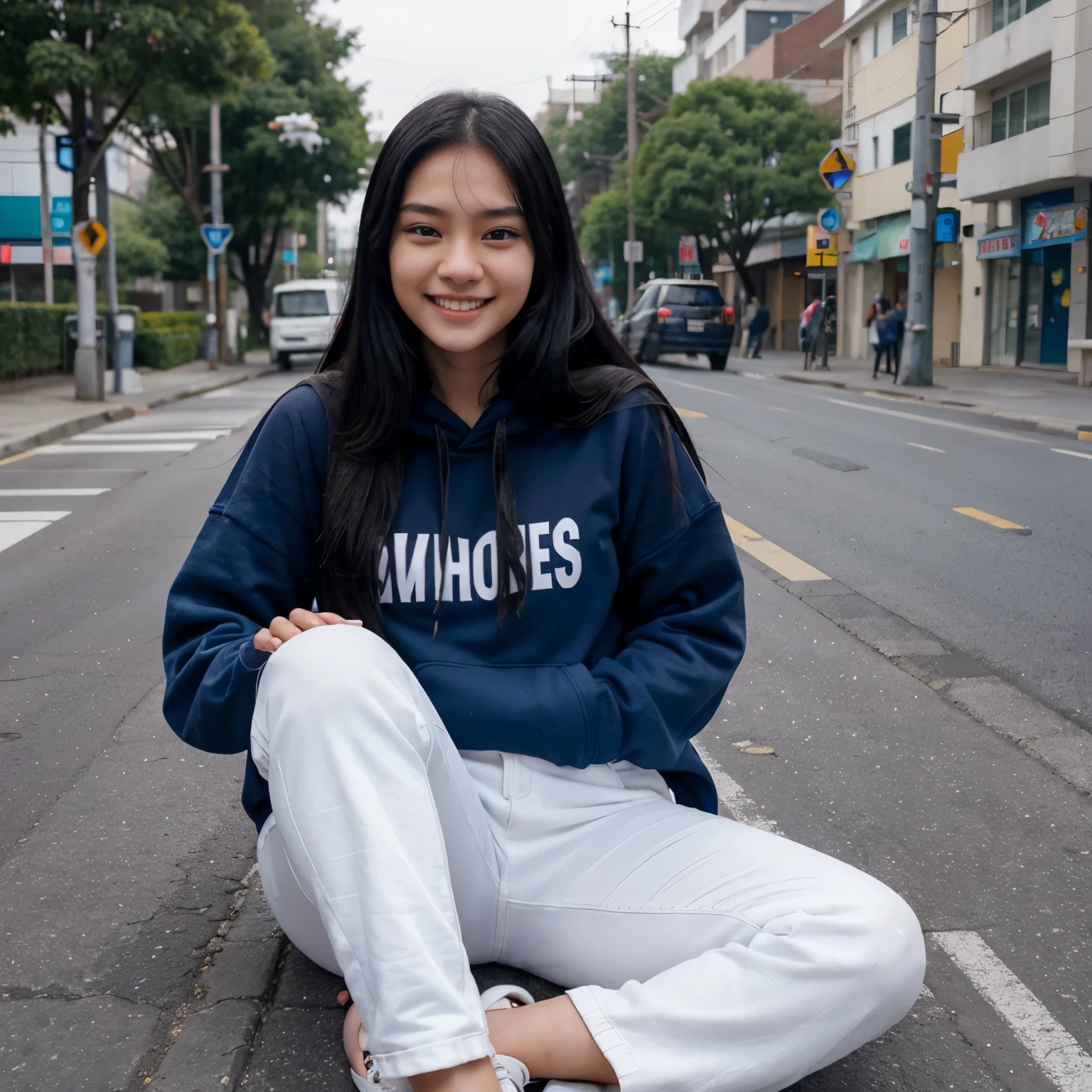 a beautiful young girl from Asia, 20 years old, white skin, long black hair, wearing a blue hoodie, white trousers, two-fingered hands, on the side of the road, front facing photo, realistic photo, smiling face, feet kicking the camera