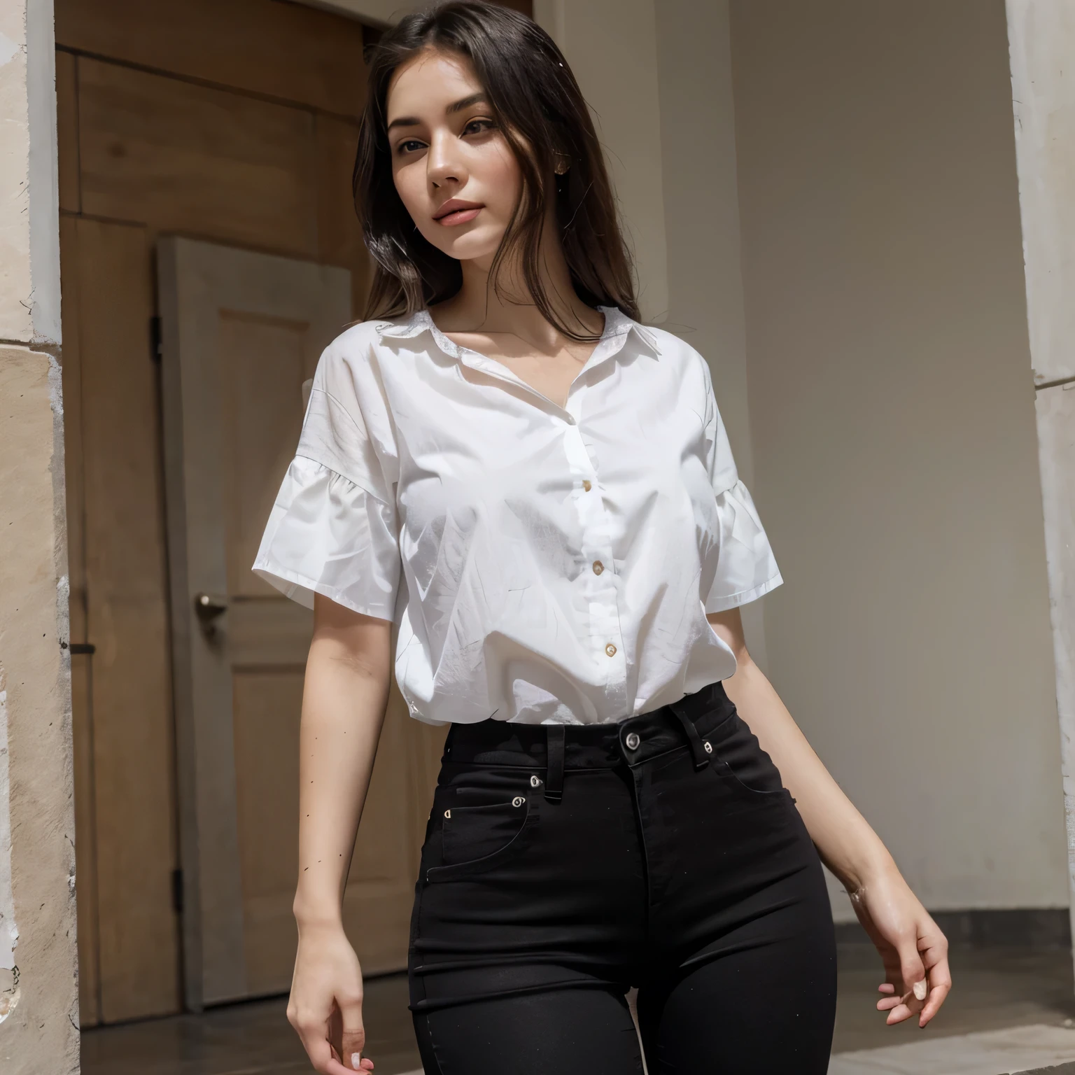 Girl with very white skin and very cute Latin features dressed in a black blouse and denim pants.