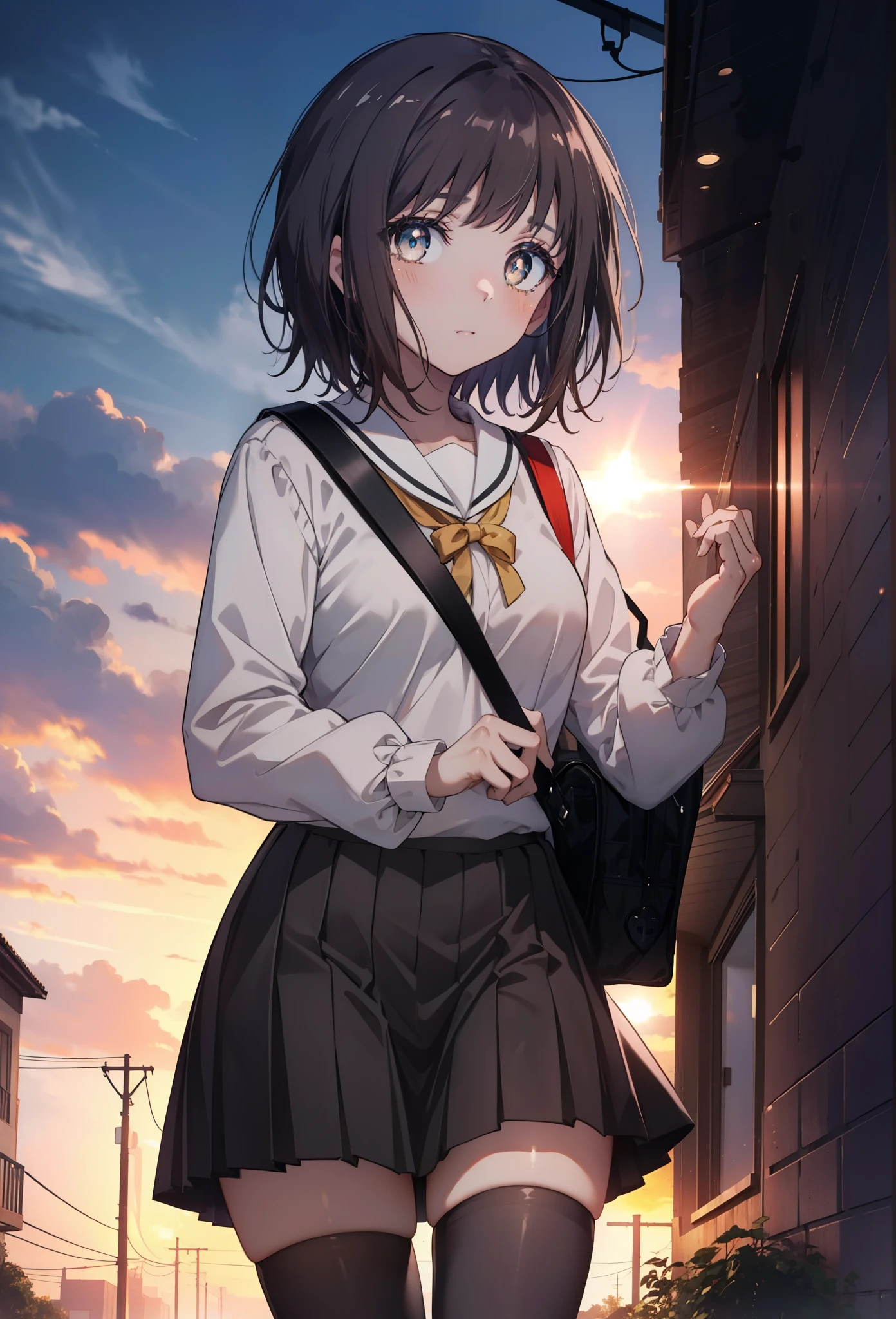 highest quality, masterpiece, High resolution, alone, {Itsuwa_toarumajutsunoindex:1.15}, brown eyes, brown hair, short hair, 1 girl, black hair,  black sailor suit,black pleated skirt,white stockings,brown loafers,walking,student bag,evening,sunset,In town,building street,(masterpiece:1.2), highest quality, High resolution, unity 8k wallpaper, (shape:0.8), (beautiful and detailed eyes:1.6), highly detailed face, perfect lighting, Very detailed CG, (perfect hands, perfect anatomy),