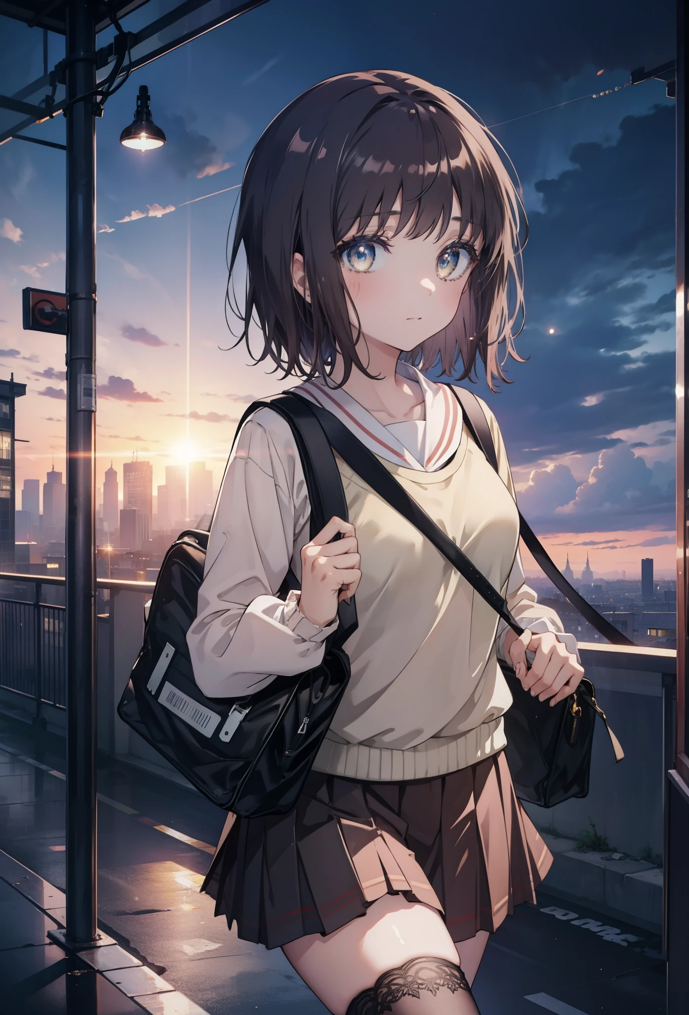 highest quality, masterpiece, High resolution, alone, {Itsuwa_toarumajutsunoindex:1.15}, brown eyes, brown hair, short hair, 1 girl, black hair,  black sailor suit,black pleated skirt,white stockings,brown loafers,walking,student bag,evening,sunset,In town,building street,(masterpiece:1.2), highest quality, High resolution, unity 8k wallpaper, (shape:0.8), (beautiful and detailed eyes:1.6), highly detailed face, perfect lighting, Very detailed CG, (perfect hands, perfect anatomy),