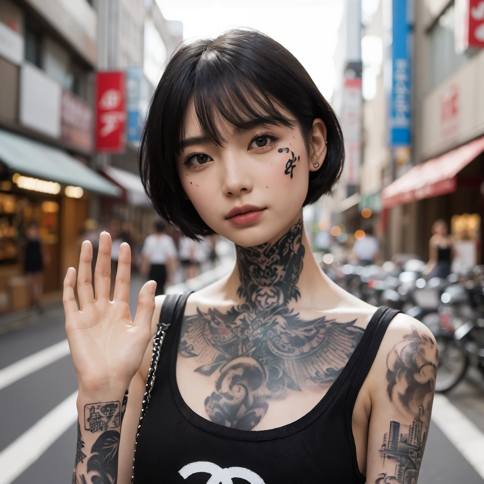 Photoreal、realistic skin texture, (((facial tattoo))),(((full body tattoo))), Photo realistic, High resolution, detailed background, detailed beautiful skin, detailed nose, soft lighting, (solo shot:1.23), (upper body:1.1), closed shot, looking at viewer, (((nice hand, perfect hand))), clear eyes,// japanese lady, pale skin, 20 year old, // (((wearing black tank top chanel))), black short hair, street snap, ((facing viewer)), at the street, ((standing)),
