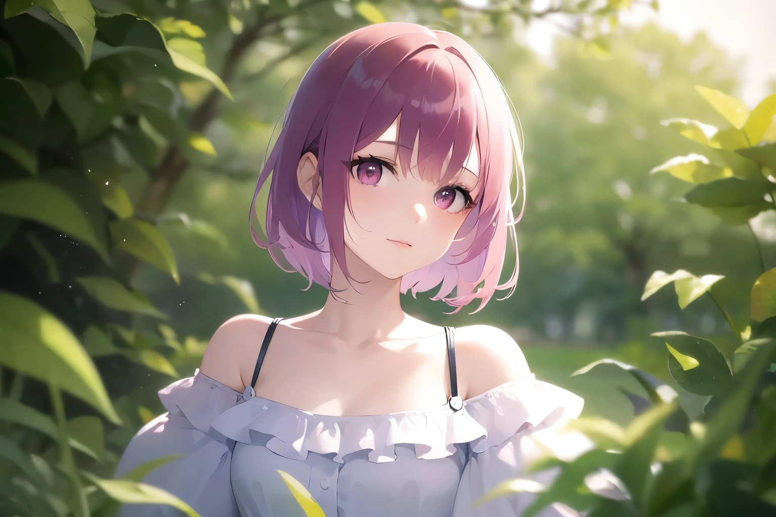 Realistic, real person, RAW photo, photorealistic, portrait photography, shiny skin, japanese idol、pink hair、bob cut hair with bangs、20 year old woman with pink eyes、wearing a white off-shoulder blouse、wearing a skirt、Alone、The background is a park,