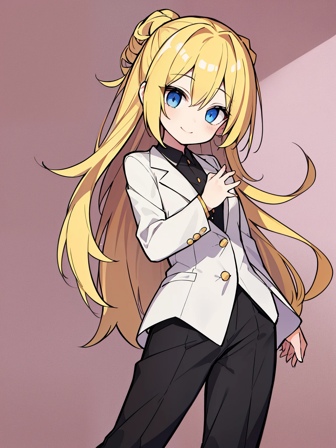 (highest quality、masterpiece:1.2) ((1 girl)) golden hair、black eye、half up、elegant (suit、cutter shirt、long pants) (flat chest) beautiful eyes、beautiful hair (smile)