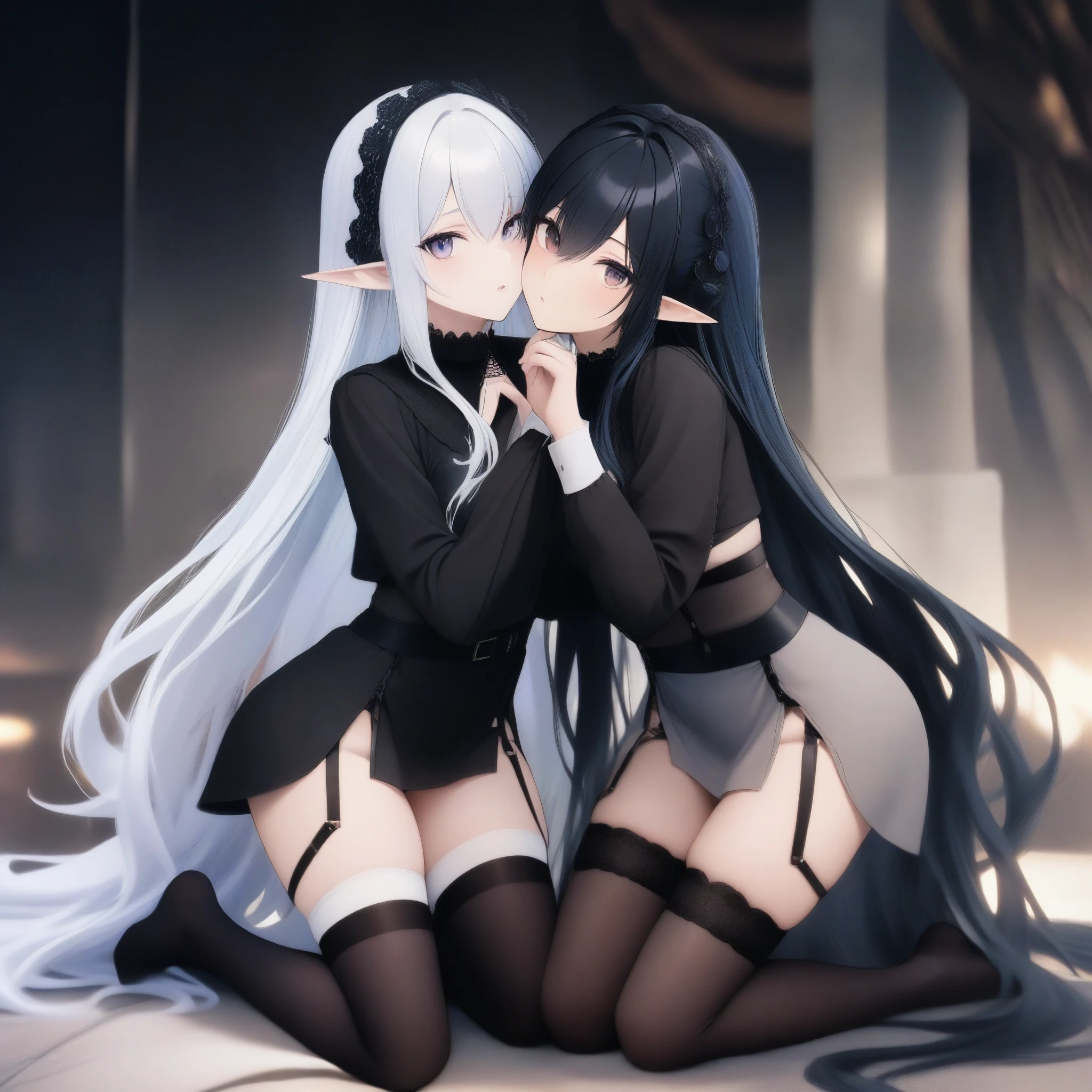 Dark Elf, 2girls, pointy ears, thighhighs, long hair, kneeling, black hair, looking at viewer, white hair